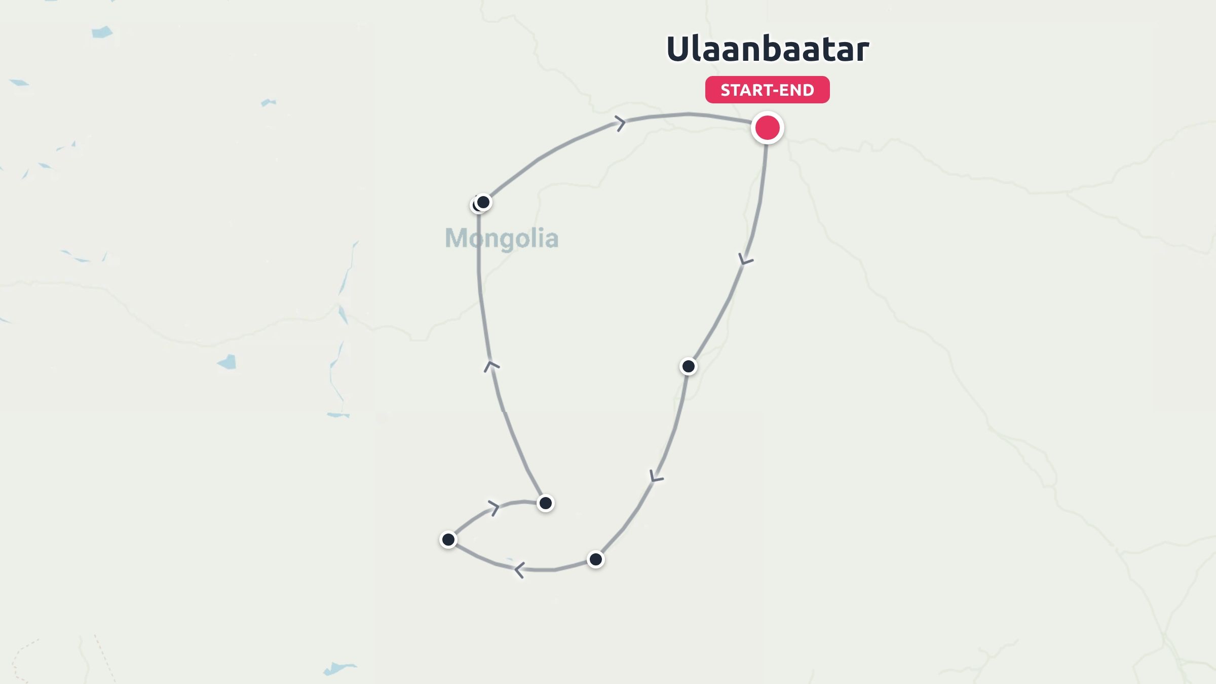 A travel route map of Mongolia illustrating a circular journey starting and ending in Ulaanbaatar.