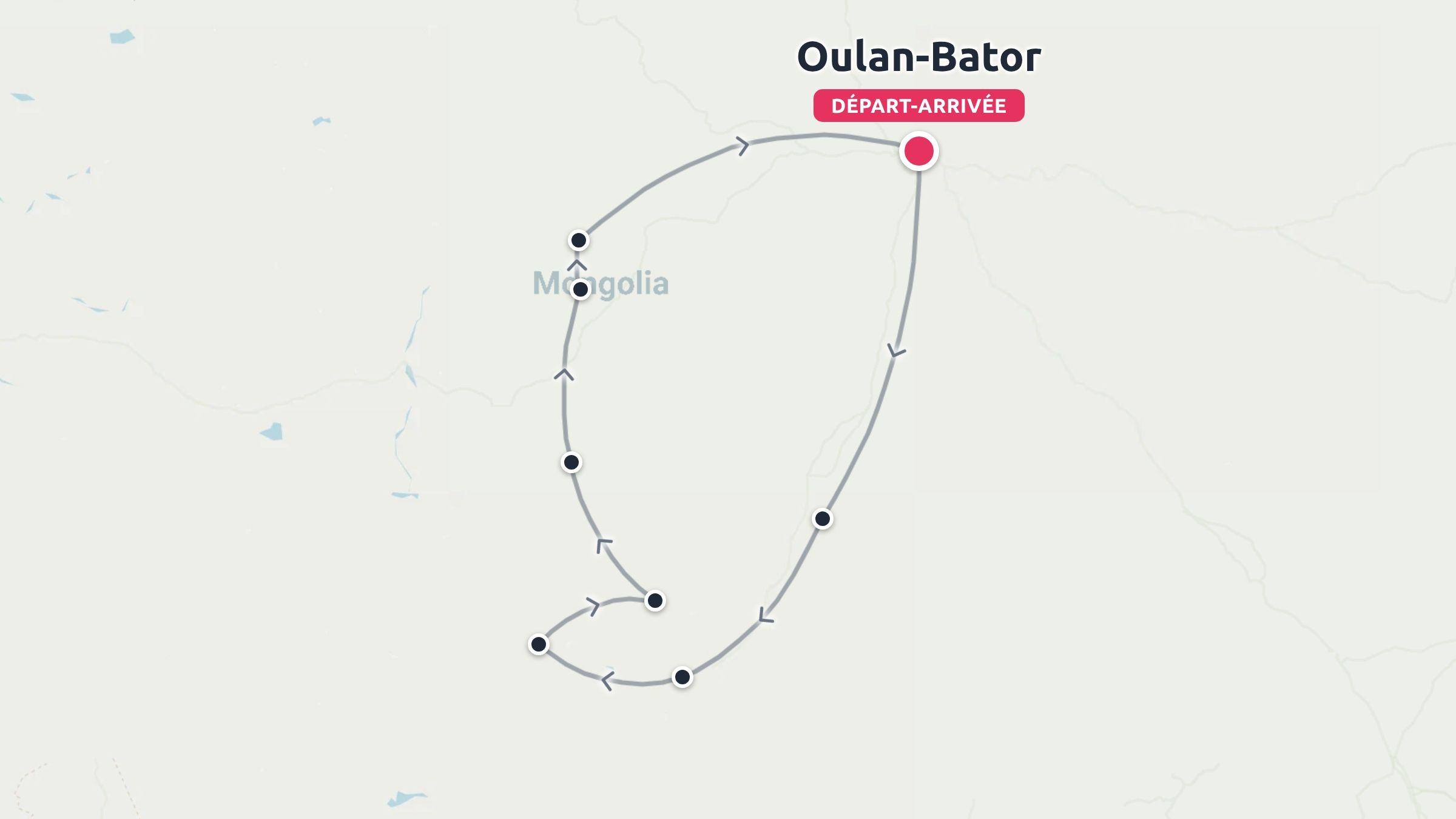 Carte de l'itinéraire de voyage en Mongolie montrant un circuit en boucle au départ et à l'arrivée à Oulan-Bator.