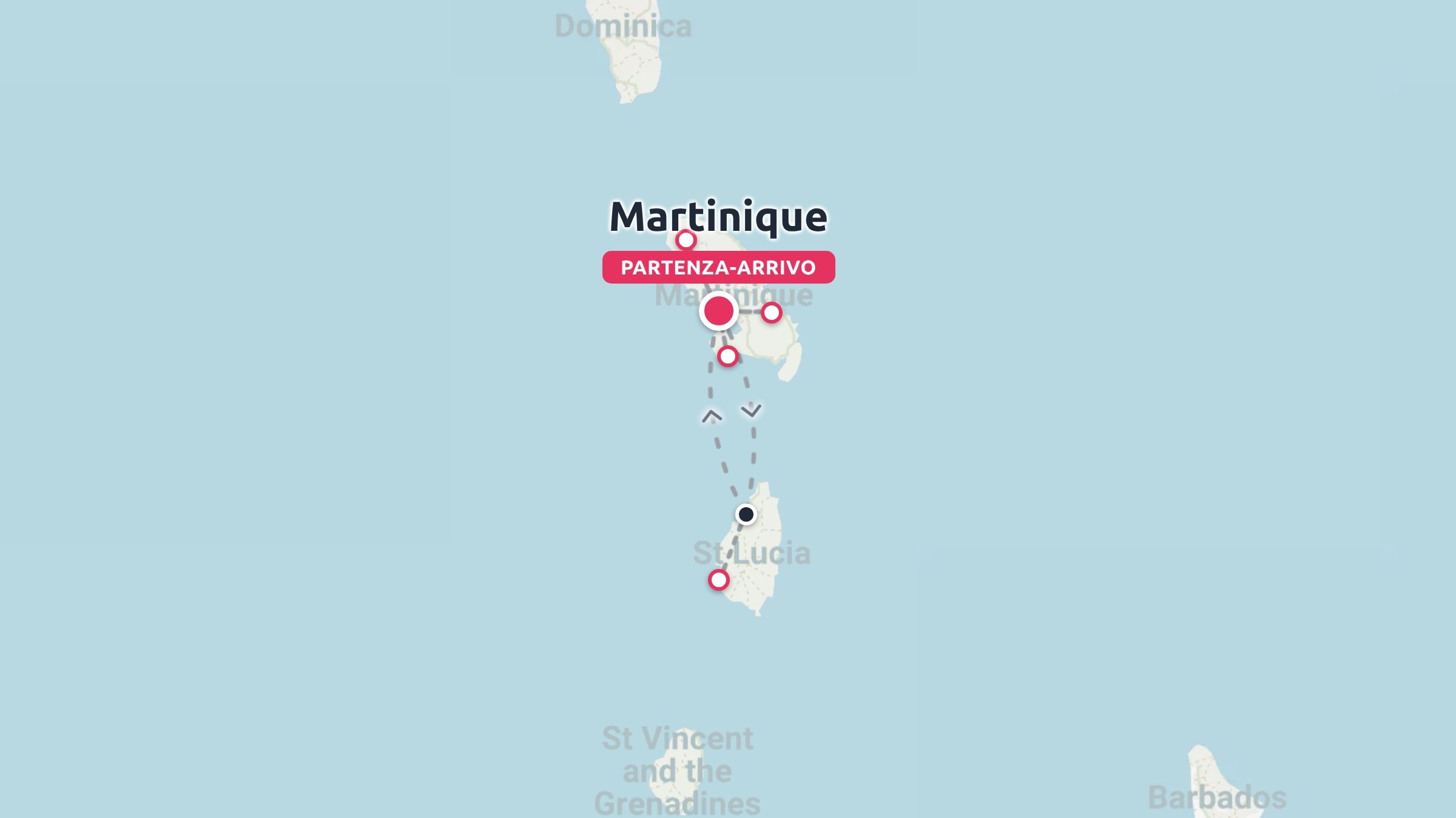 Una mappa dell'itinerario di viaggio che mostra un percorso di andata e ritorno che collega le isole della Martinica e di Santa Lucia nei Caraibi.