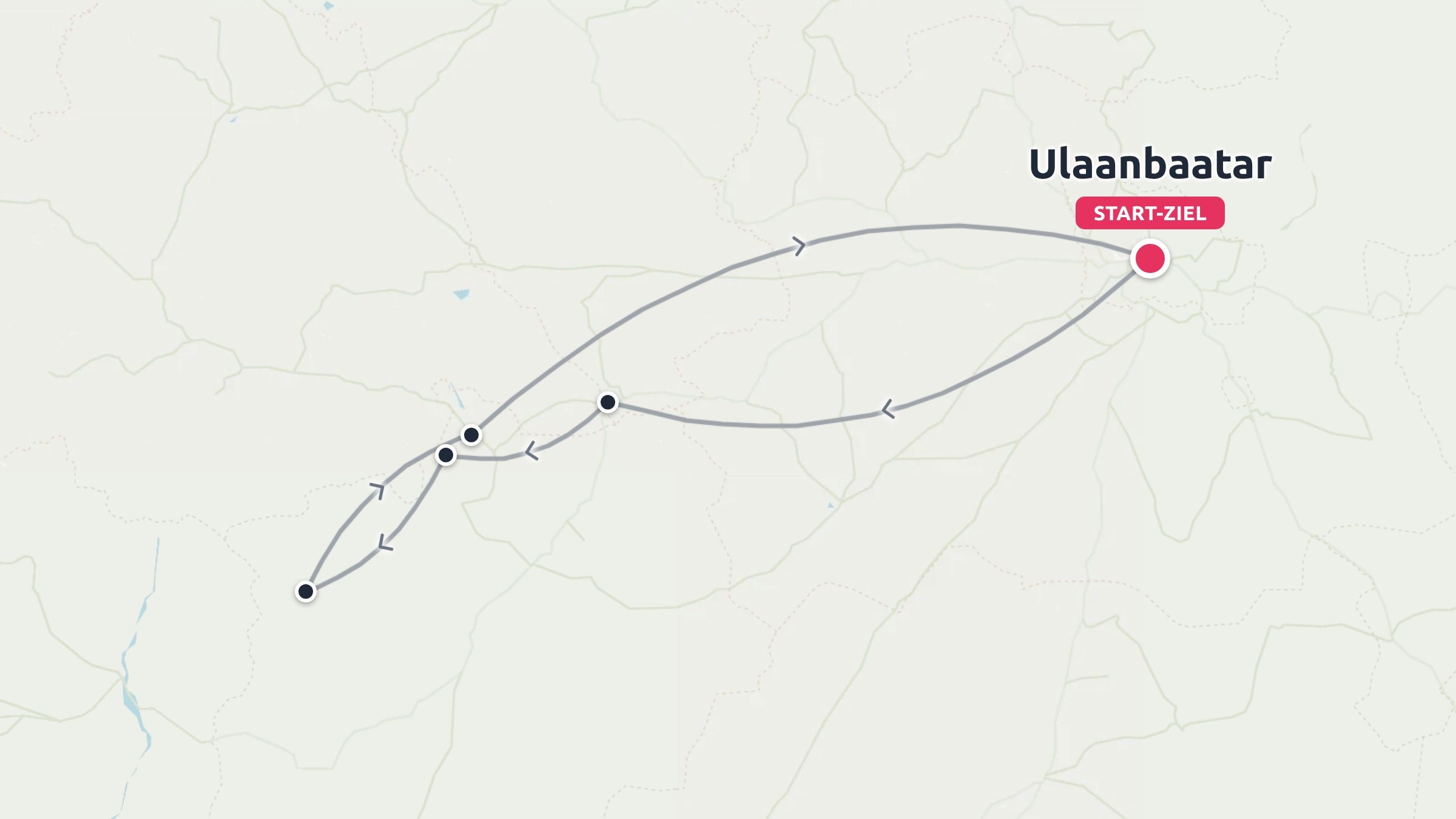 Eine Reiseroute, die als Schleife in Ulaanbaatar beginnt und endet und mehrere Zwischenstopps umfasst.