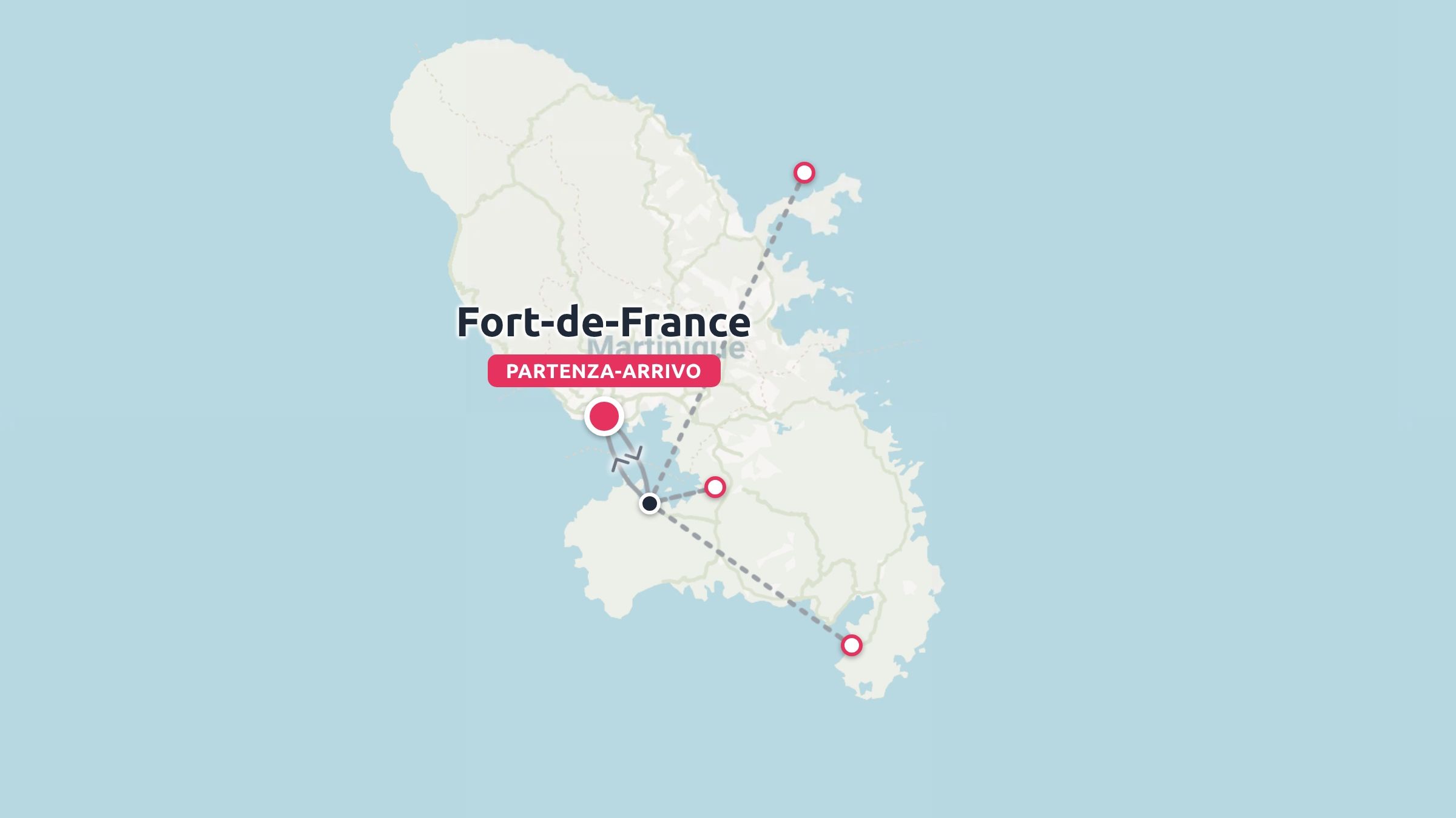 Una mappa dell'itinerario di viaggio della Martinica che mostra i punti di controllo del percorso con partenza e arrivo a Fort-de-France.
