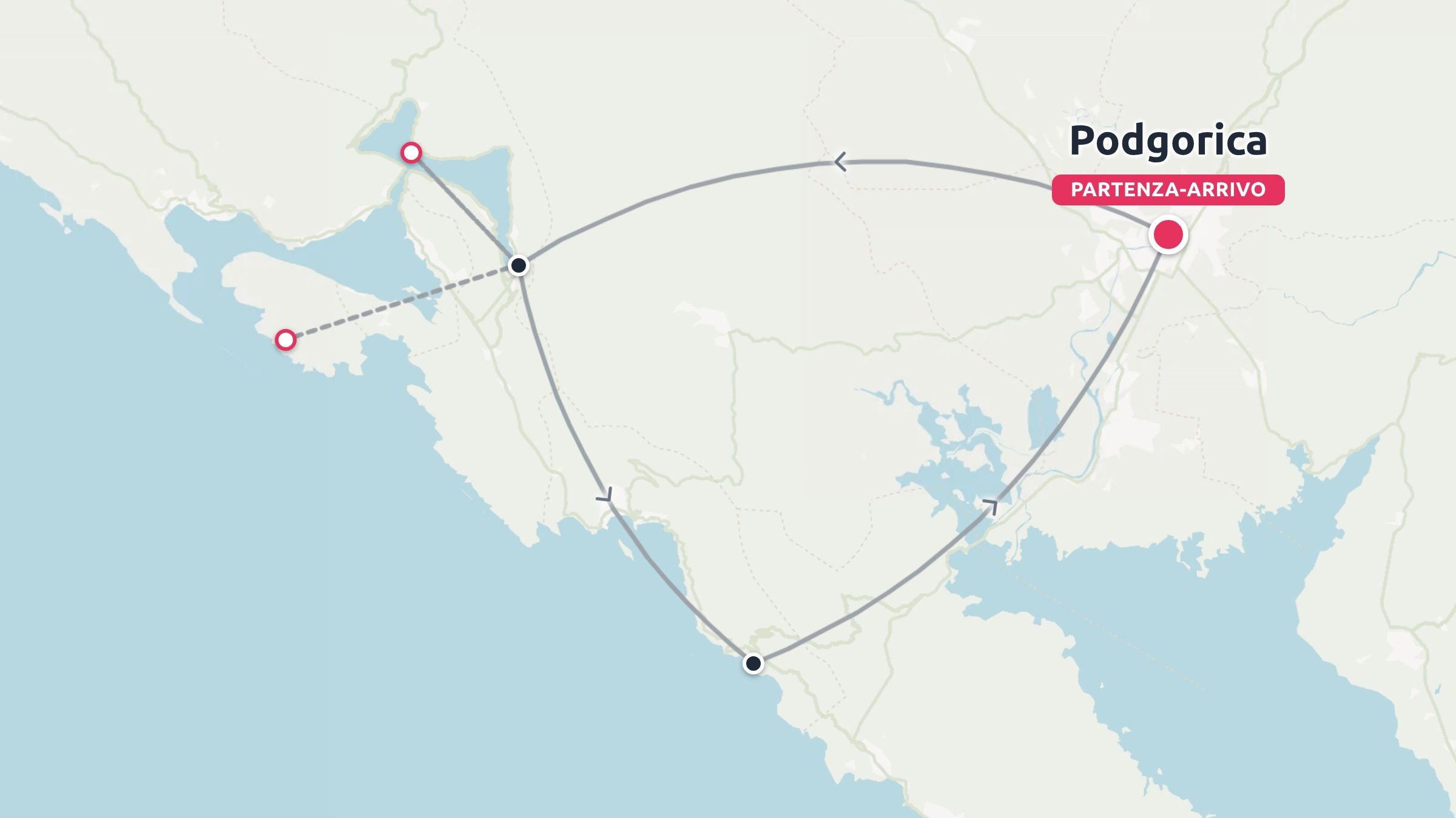 Mappa dell'itinerario di viaggio che mostra un percorso ad anello con partenza e arrivo a Podgorica lungo le zone costiere