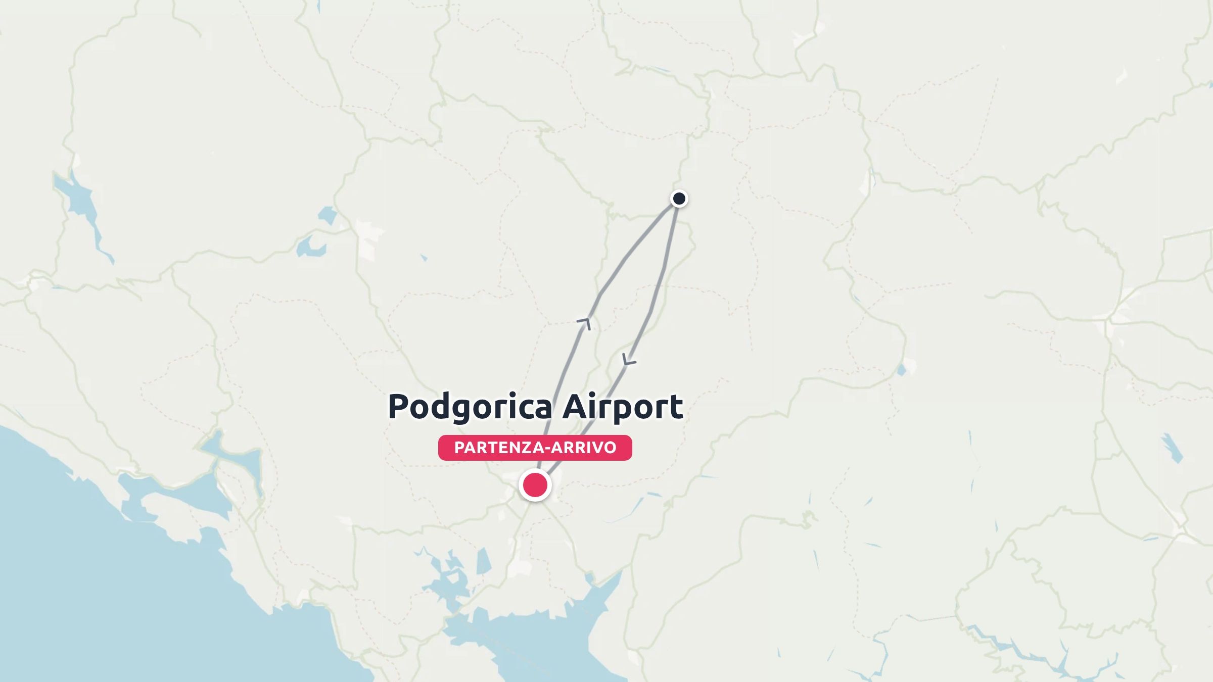 Una mappa dell'itinerario di viaggio con partenza e ritorno all'aeroporto di Podgorica e un percorso ad anello verso nord-est.