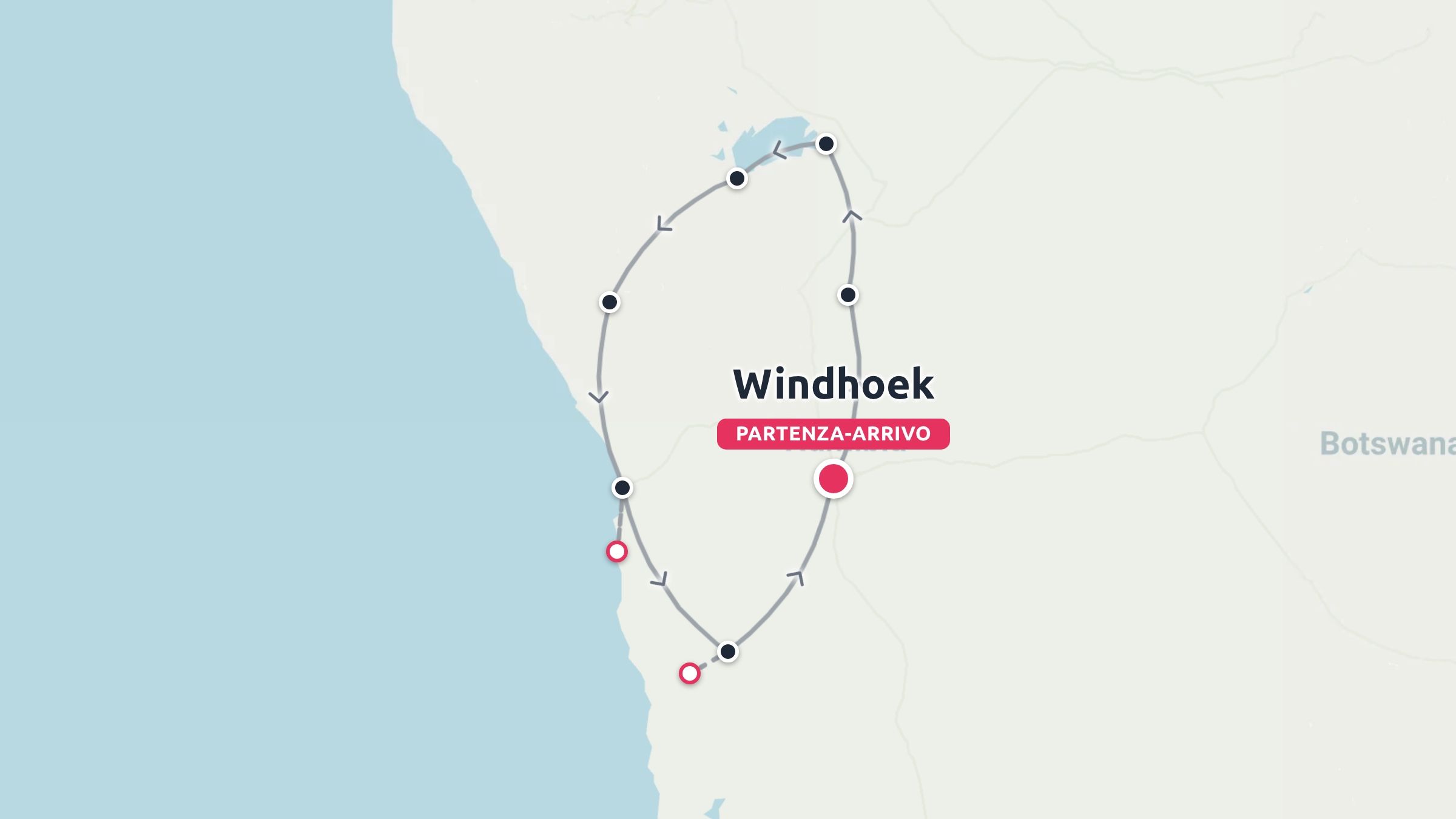 Mappa di viaggio che mostra un percorso circolare con partenza e arrivo a Windhoek, vicino al Botswana.