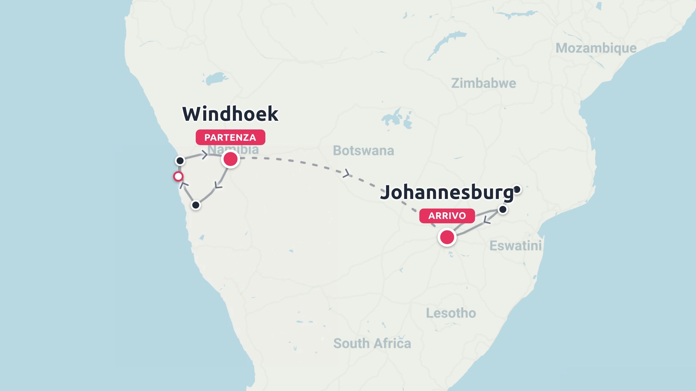Mappa dell'itinerario di viaggio che mostra un percorso da Windhoek in Namibia a Johannesburg in Sudafrica