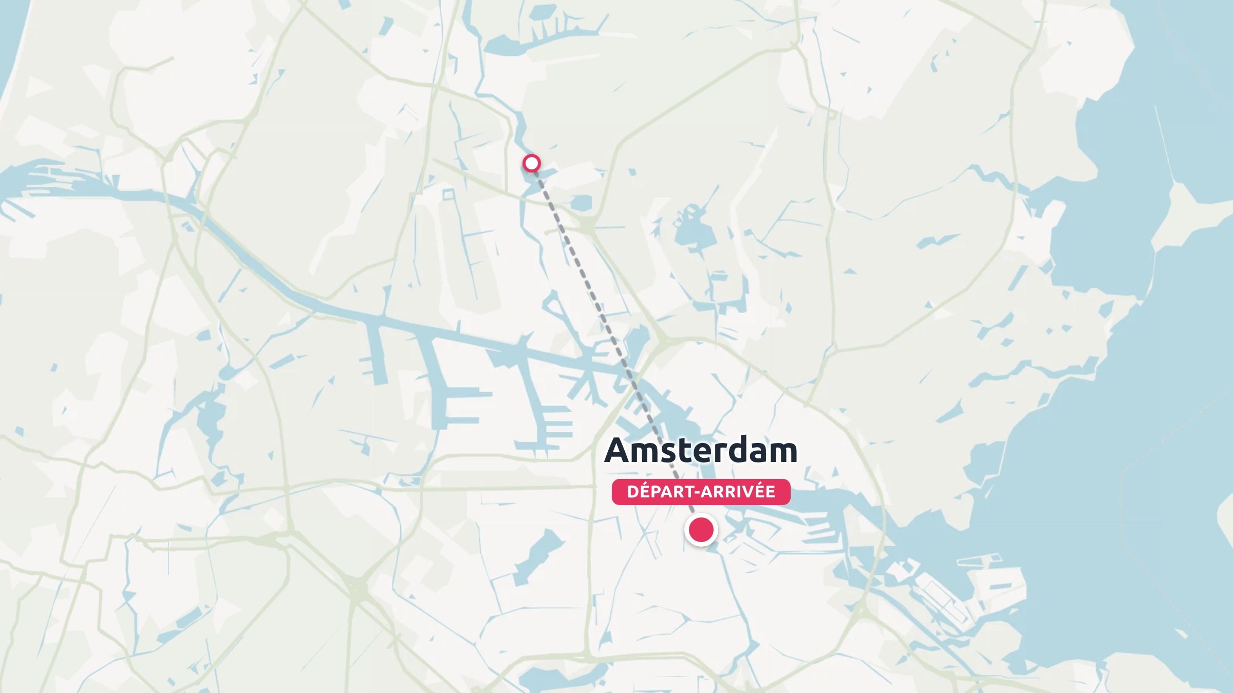 Une carte géographique d'Amsterdam montrant une ligne d'itinéraire de voyage en pointillés reliant deux points de destination.