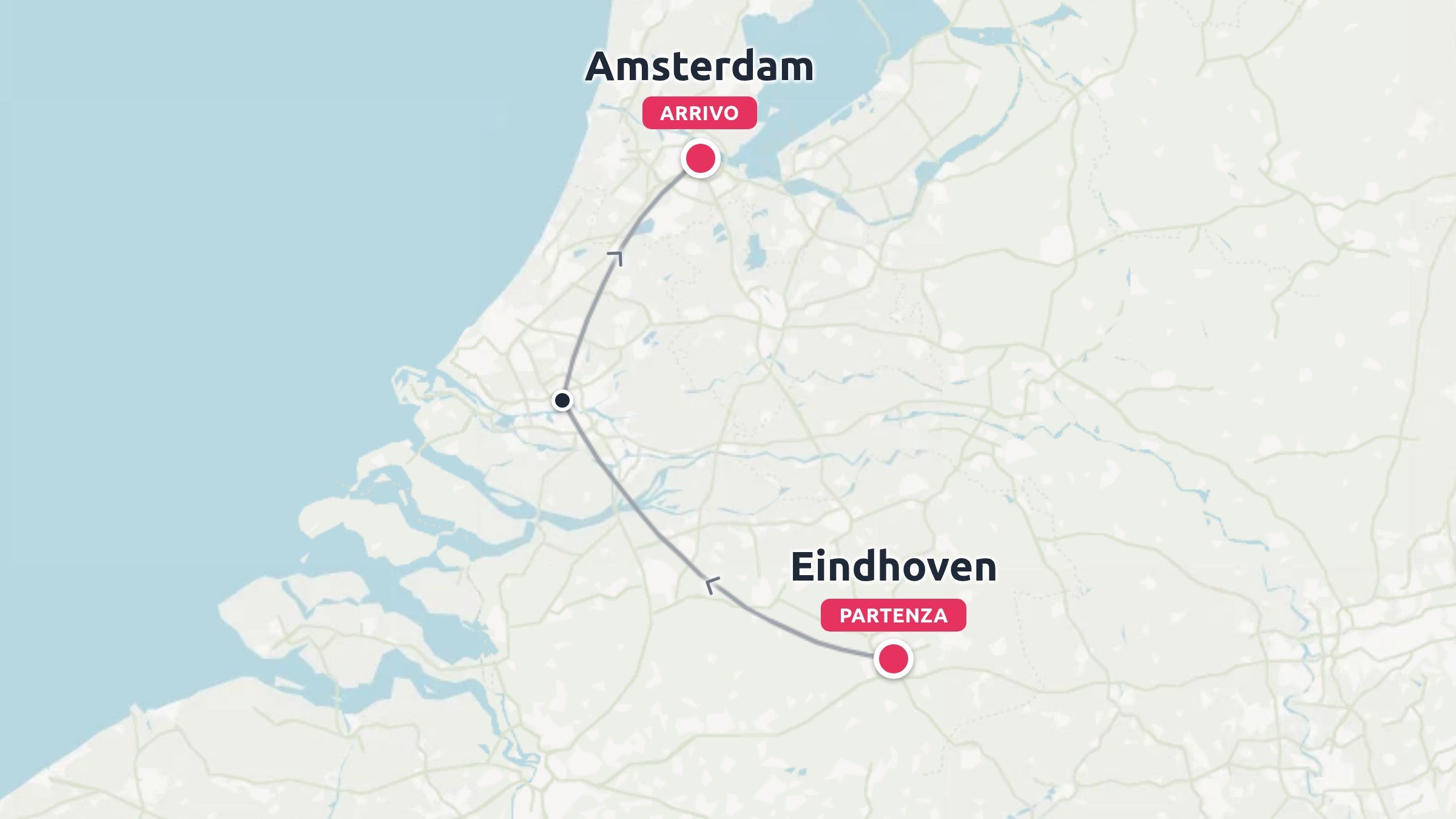 Una mappa dell'itinerario di viaggio che mostra un percorso con punti di viaggio da Eindhoven ad Amsterdam