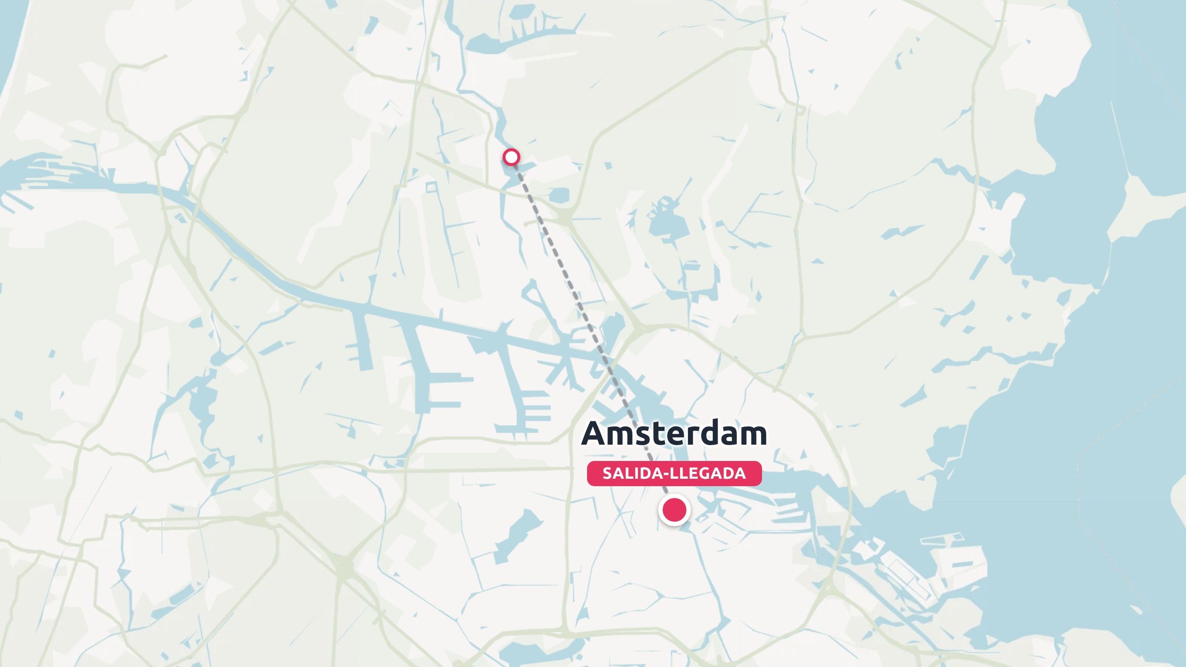 Un mapa de ruta de viaje que muestra una ruta discontinua que comienza y termina en Ámsterdam con marcadores de alfiler