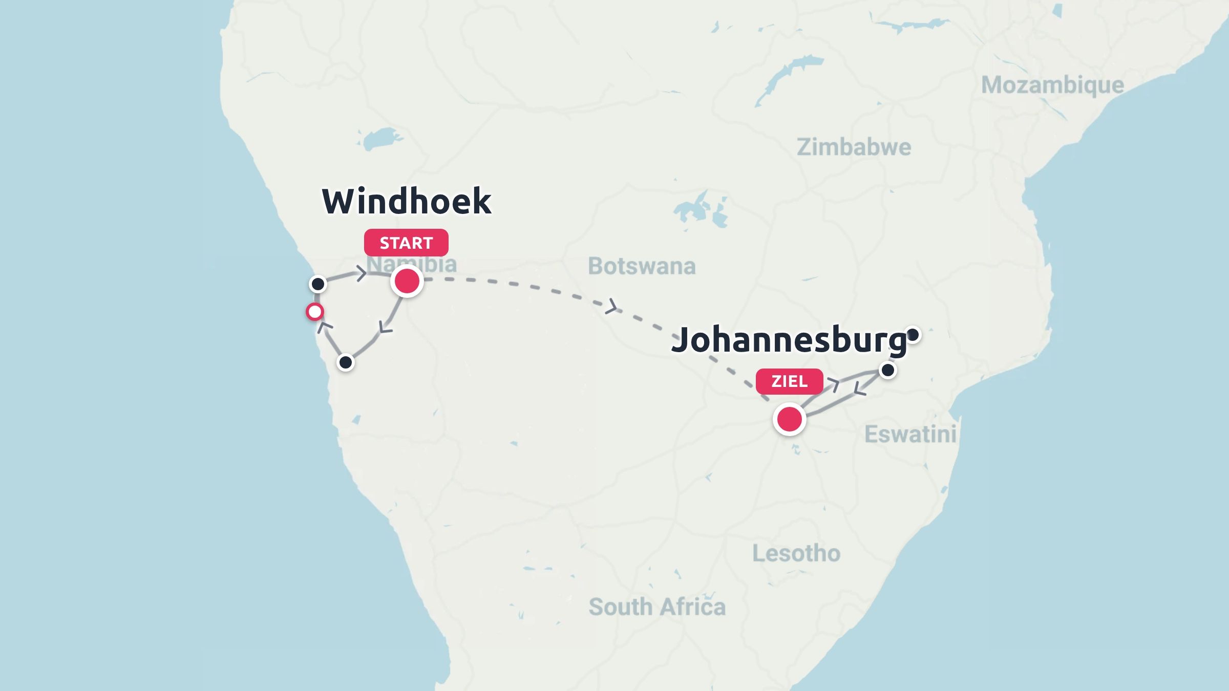 Eine Reiseroute, die in Windhoek, Namibia, beginnt, entlang der Küste führt und in Johannesburg, Südafrika, endet.