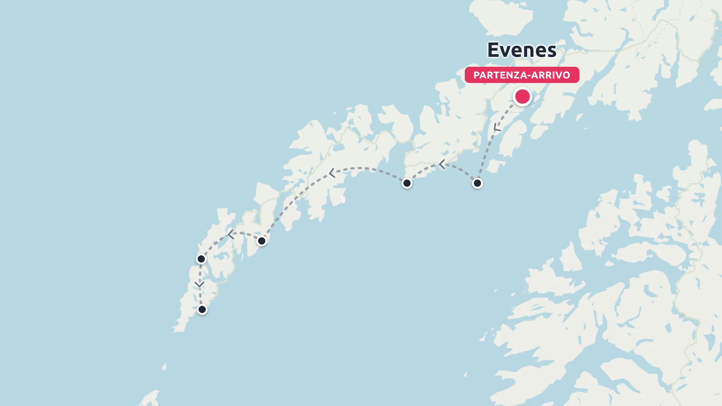 Una mappa del percorso di viaggio che mostra un itinerario lungo le isole costiere con punto di partenza e arrivo a Evenes.