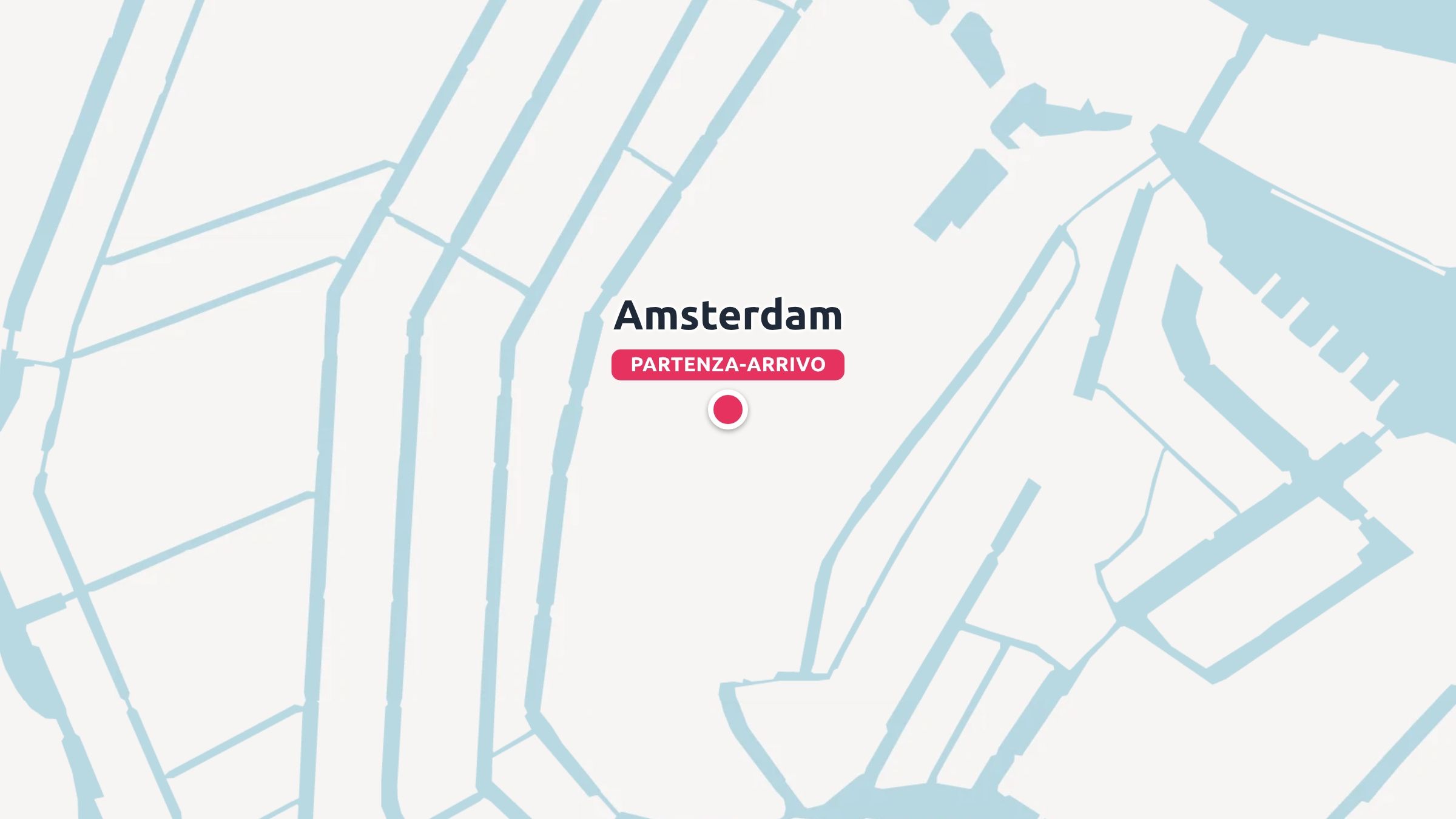 Una mappa minimalista che mostra i canali con un punto rosso che indica il luogo di partenza e arrivo ad Amsterdam