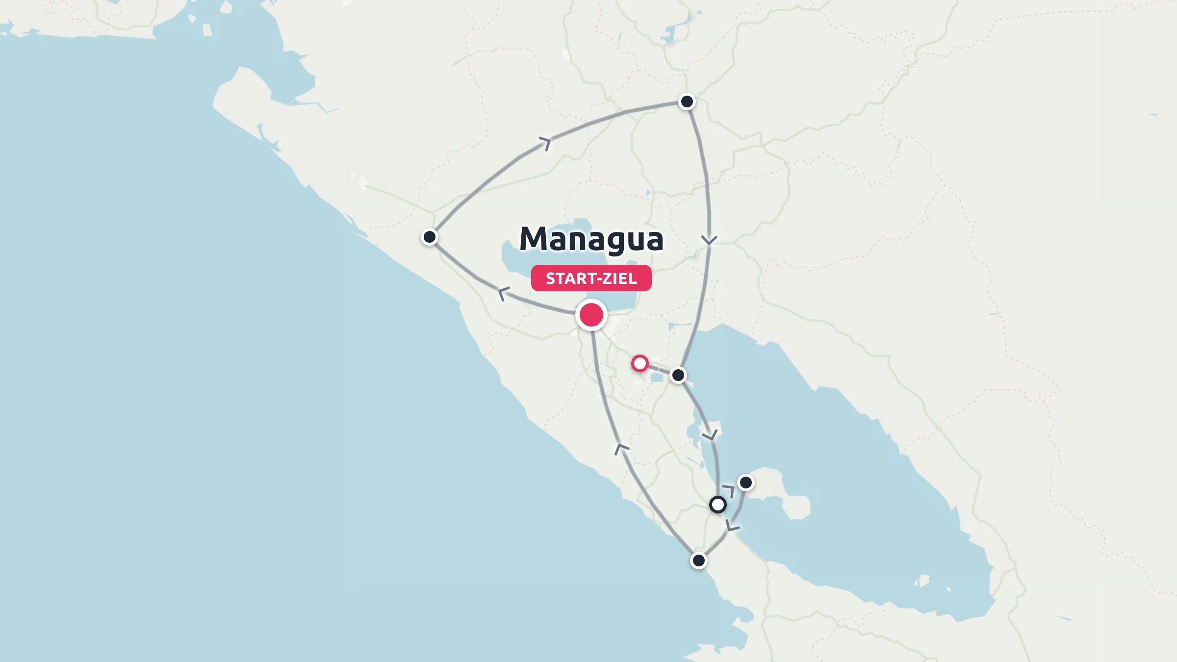 Reiseroute durch Nicaragua mit einem Rundweg beginnend und endend in Managua