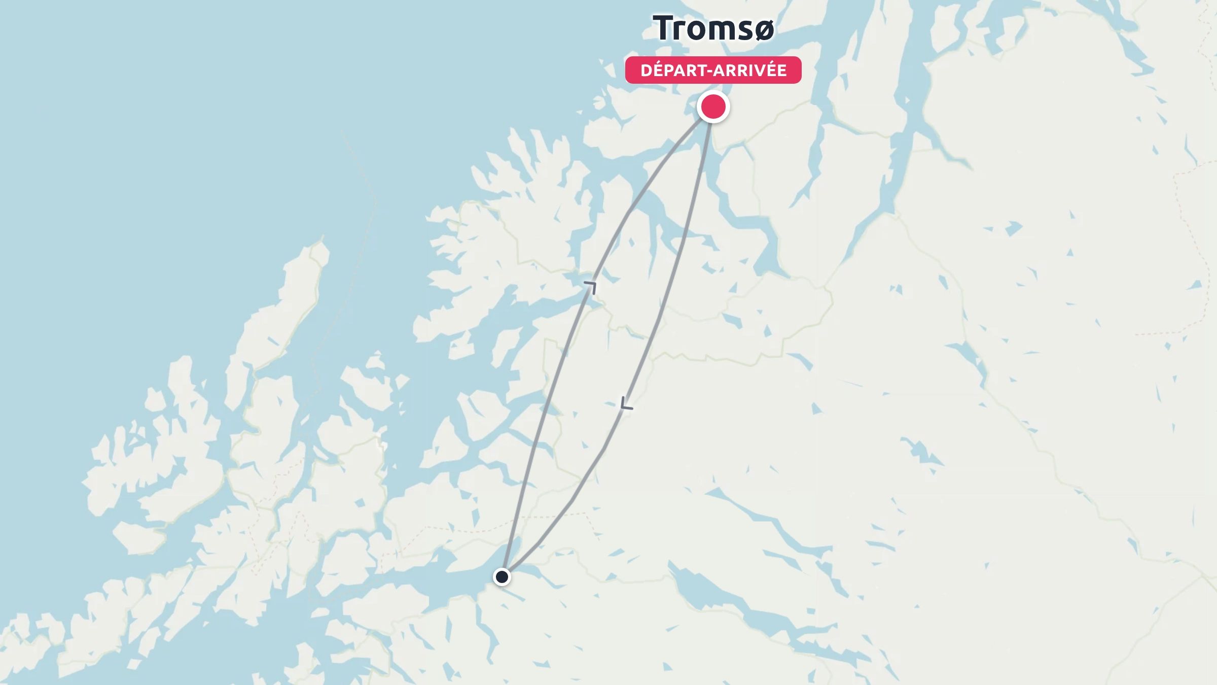 Une carte d'itinéraire de voyage montrant un circuit aller-retour au départ et à l'arrivée à Tromsø, en Norvège.