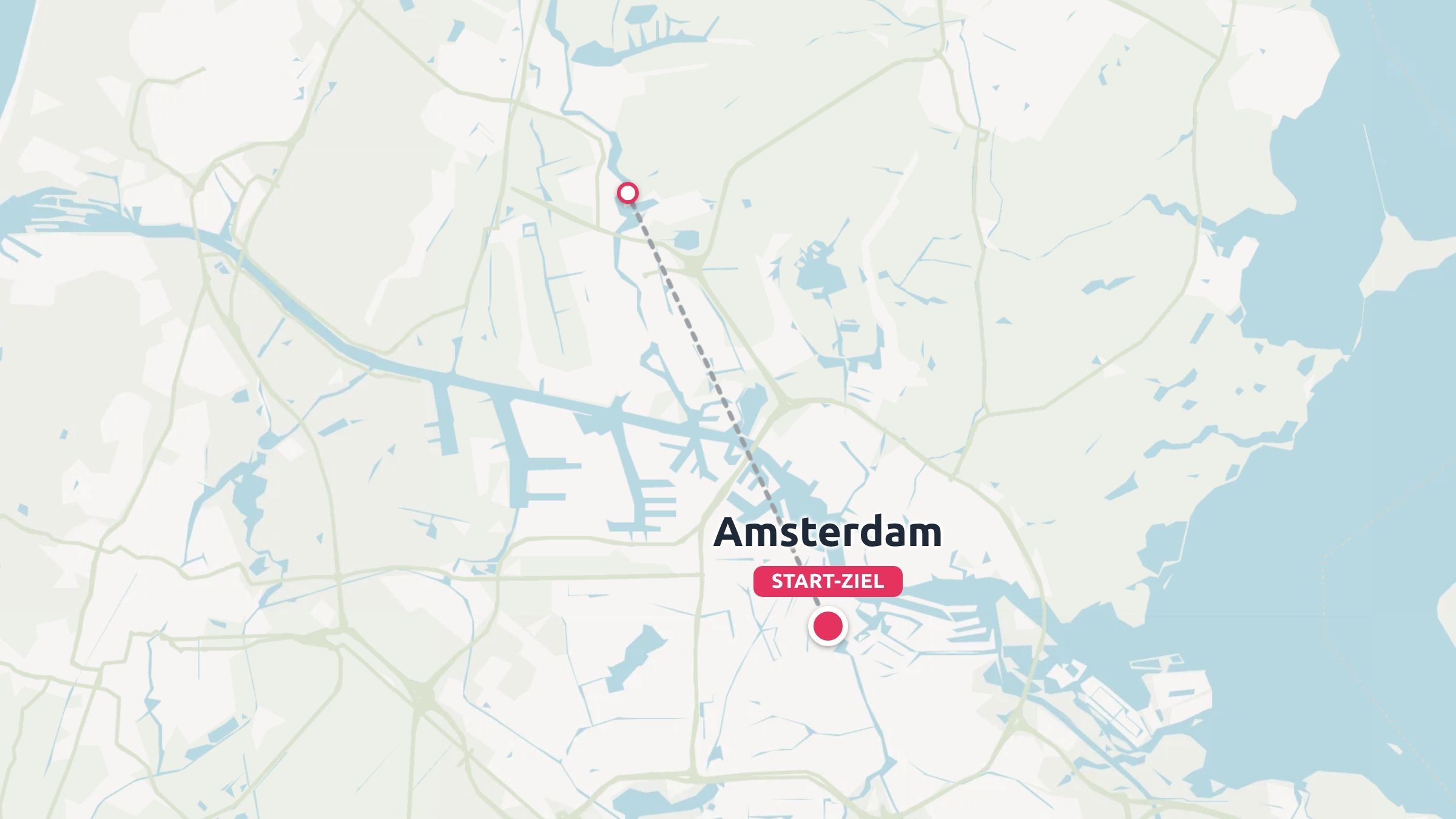 Eine Karte von Amsterdam mit einer gestrichelten Reiseroute und Standorthingweisen