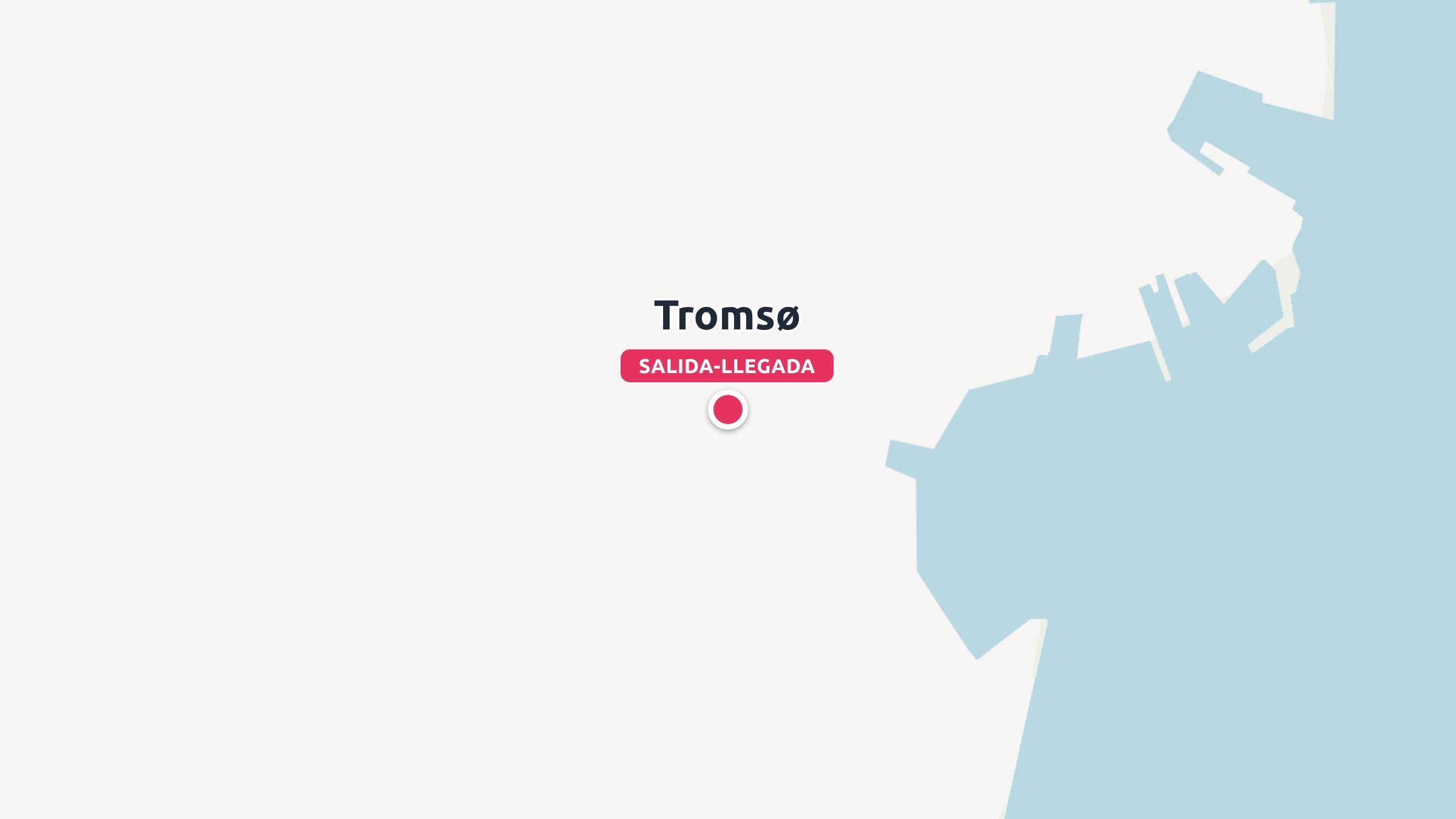 Un mapa que muestra Tromsø marcado con un alfiler rojo que indica el punto de inicio y fin de una ruta de viaje.