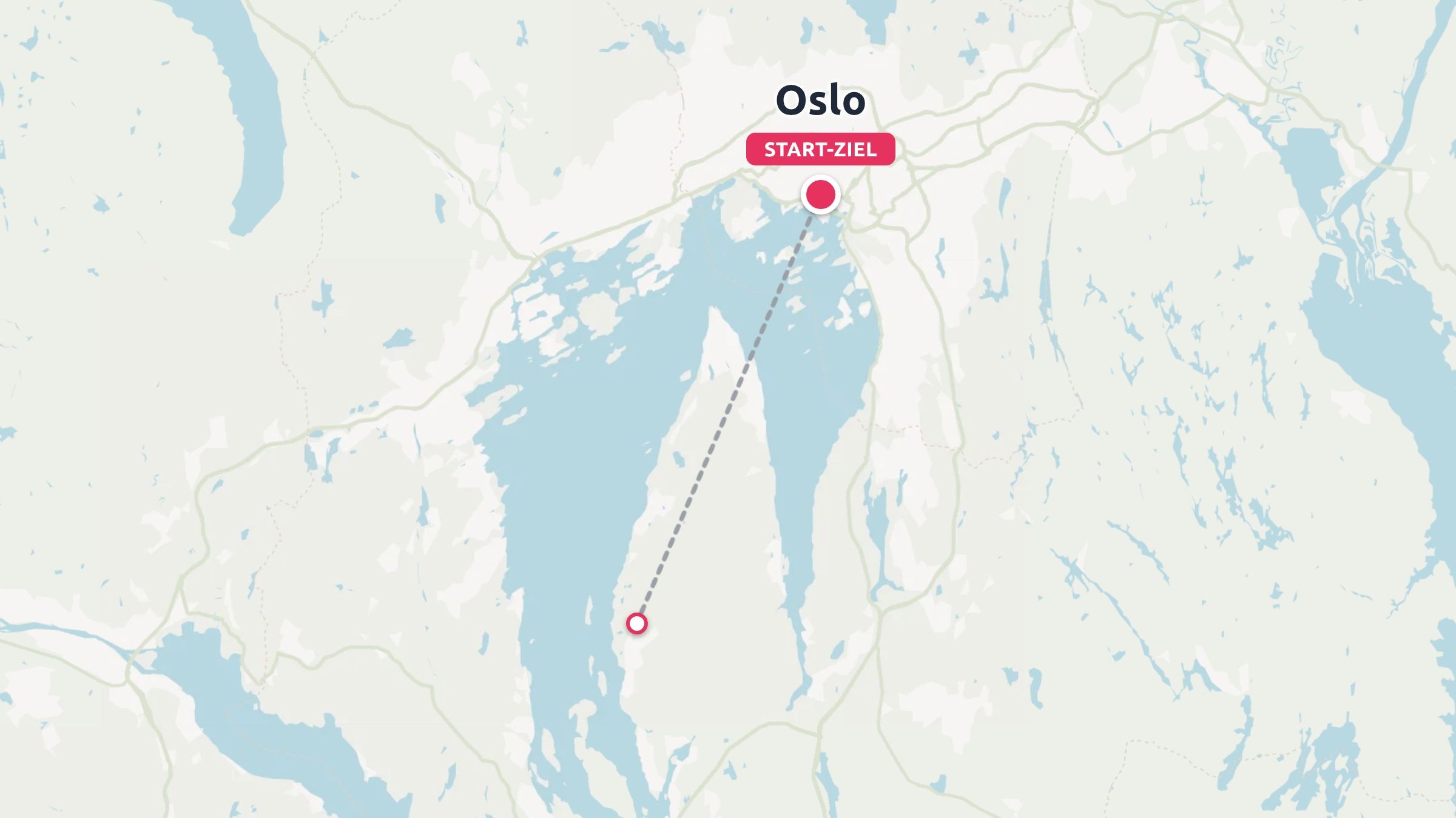 Eine Karte zeigt eine Route in Oslo mit Start- und Zielmarkierungen, die durch eine gestrichelte Linie über den Fjord verbunden sind.