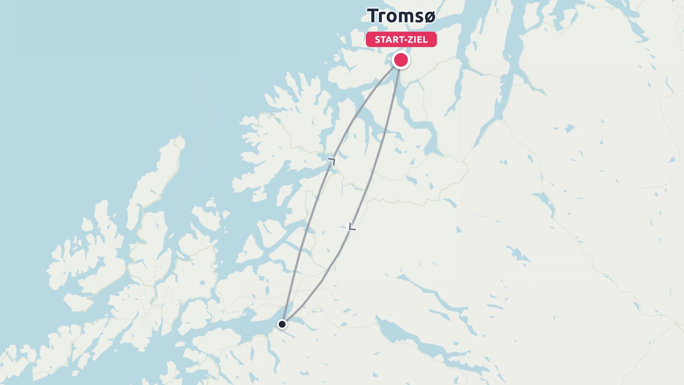 Eine Reiseroute, die eine Rundreise mit Start und Ziel in Tromsø zeigt.