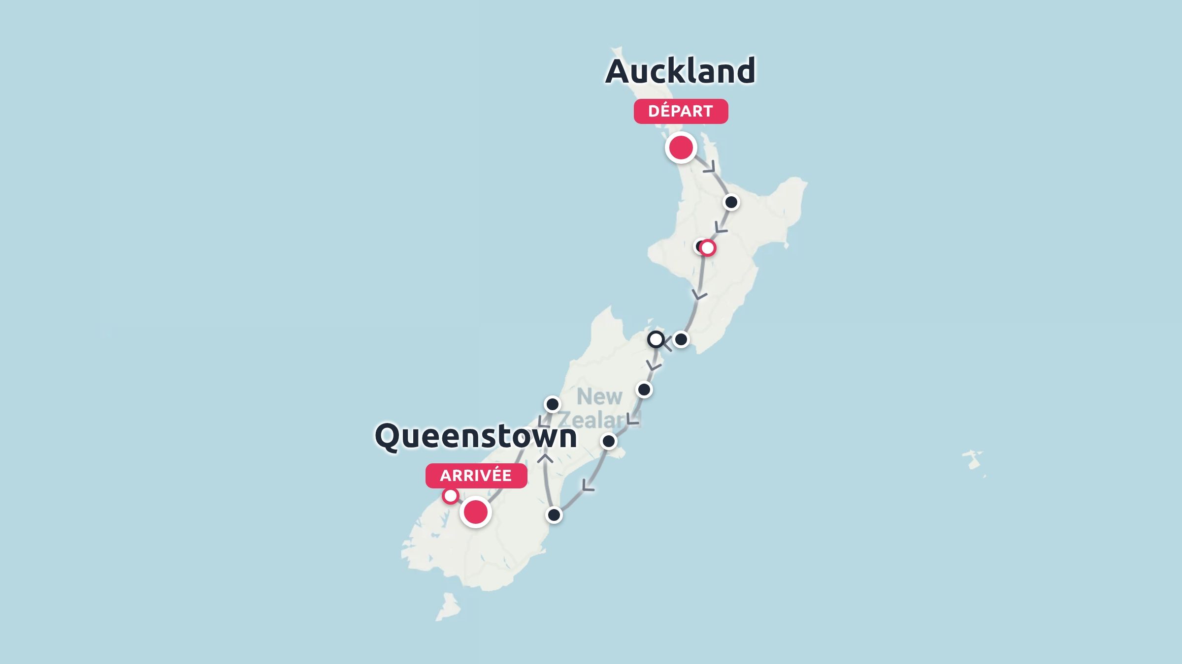 Un itinéraire de voyage en Nouvelle-Zélande marquant le parcours commençant à Auckland et se terminant à Queenstown.