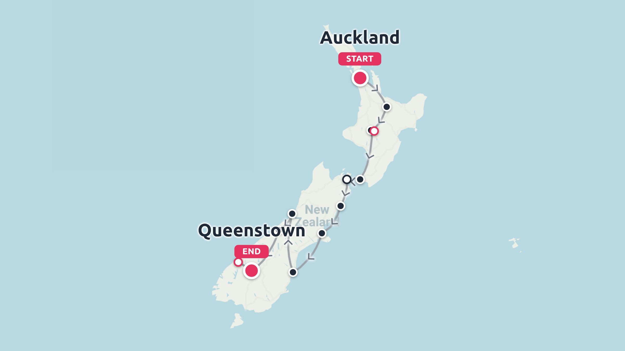 Travel route map of New Zealand showing a path starting in Auckland and ending in Queenstown.