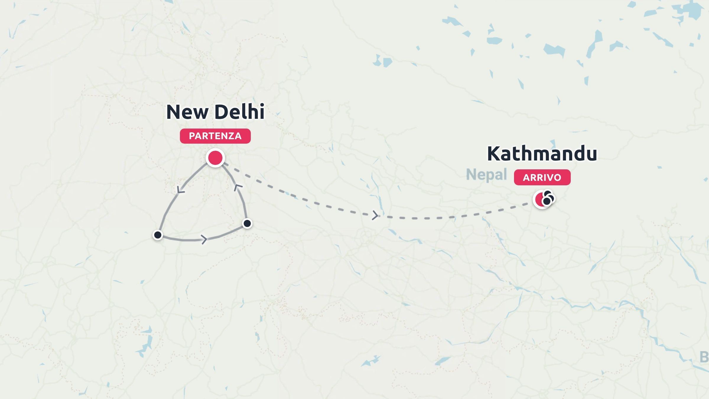 Una mappa dell'itinerario di viaggio che mostra un percorso ad anello da Nuova Delhi a Kathmandu in Nepal