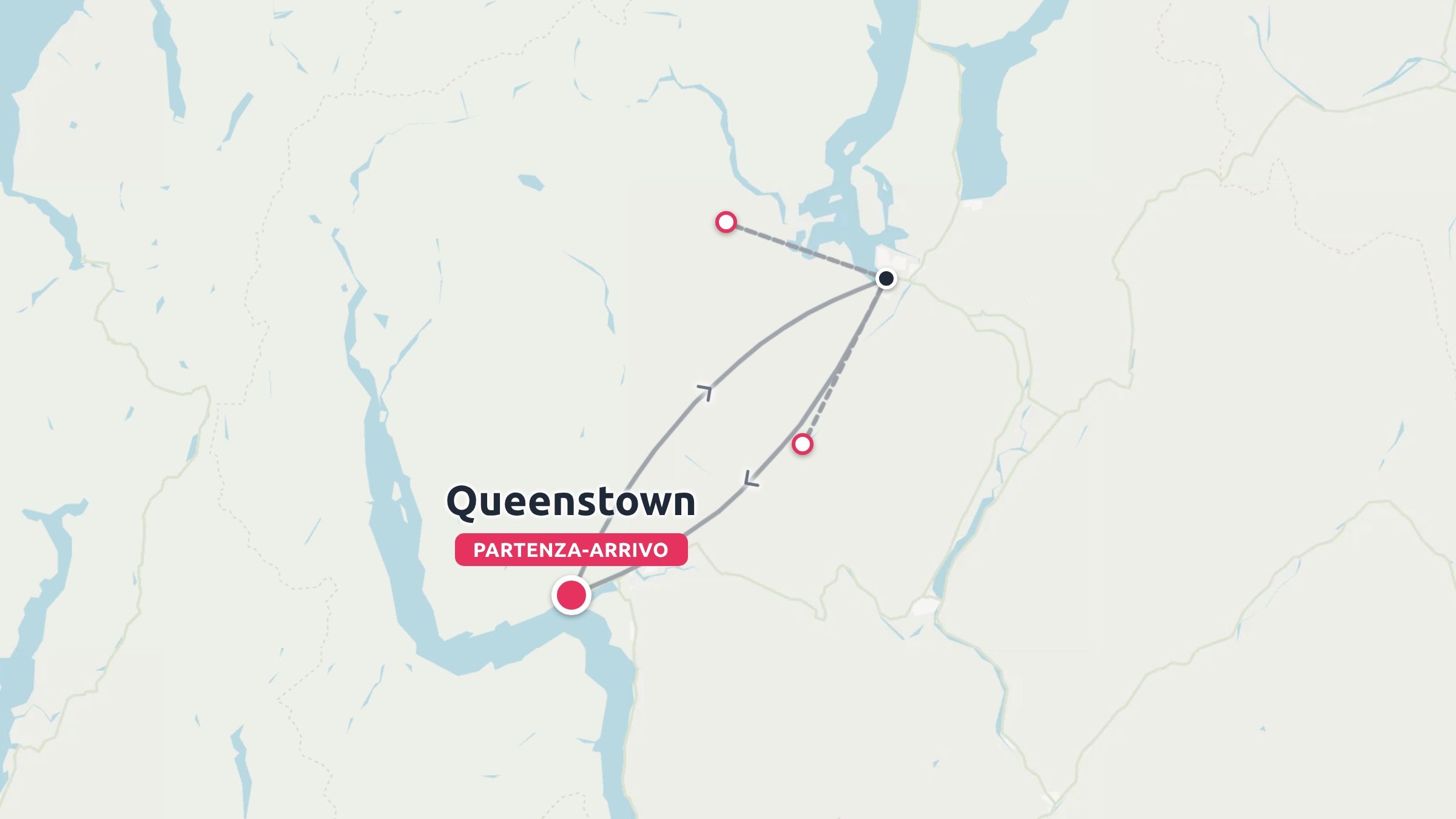 Una mappa di itinerario di viaggio che mostra un percorso che inizia e finisce a Queenstown con diverse tappe