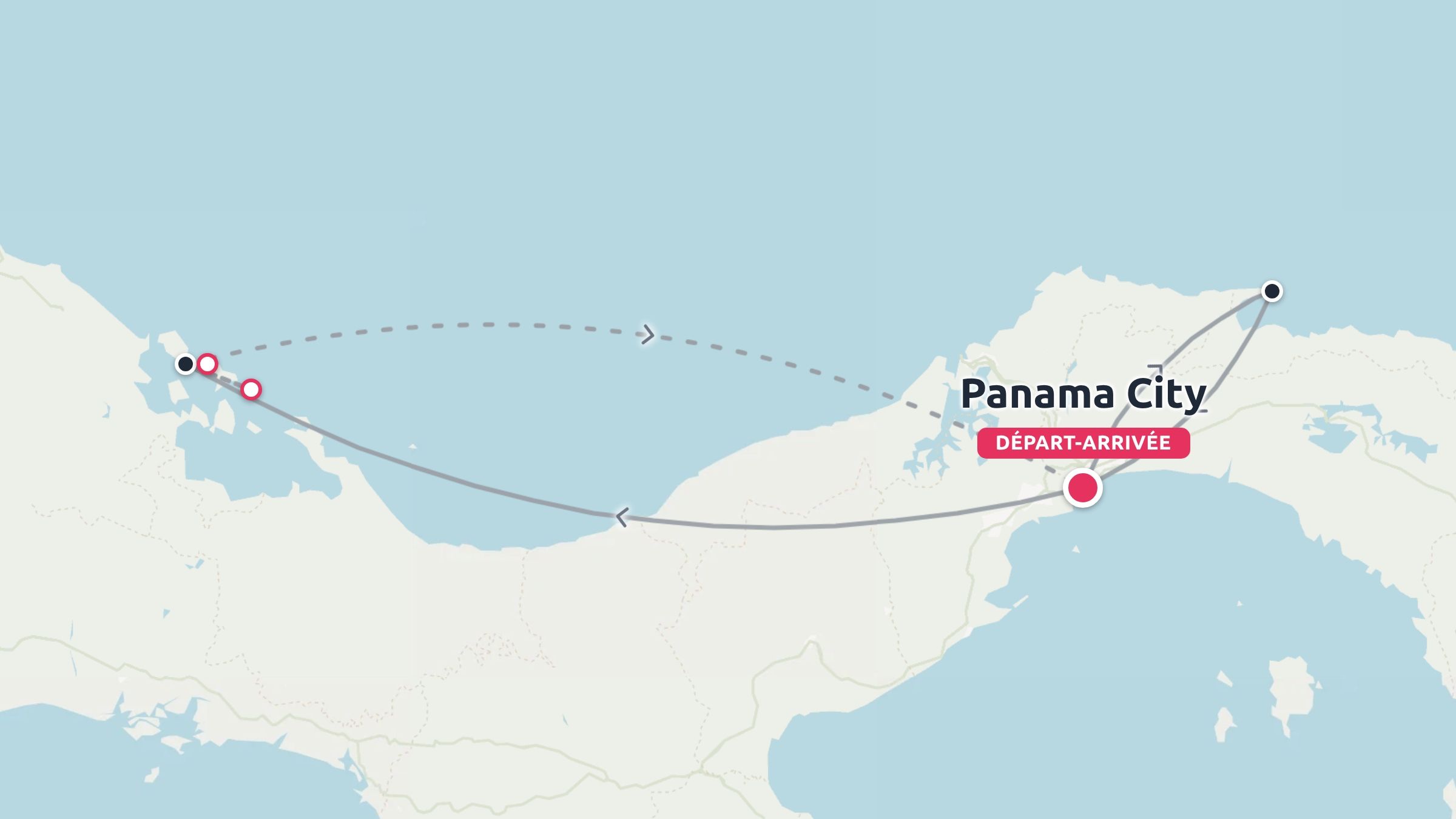 Une carte de voyage du Panama montrant un itinéraire circulaire commençant et se terminant à Panama City.