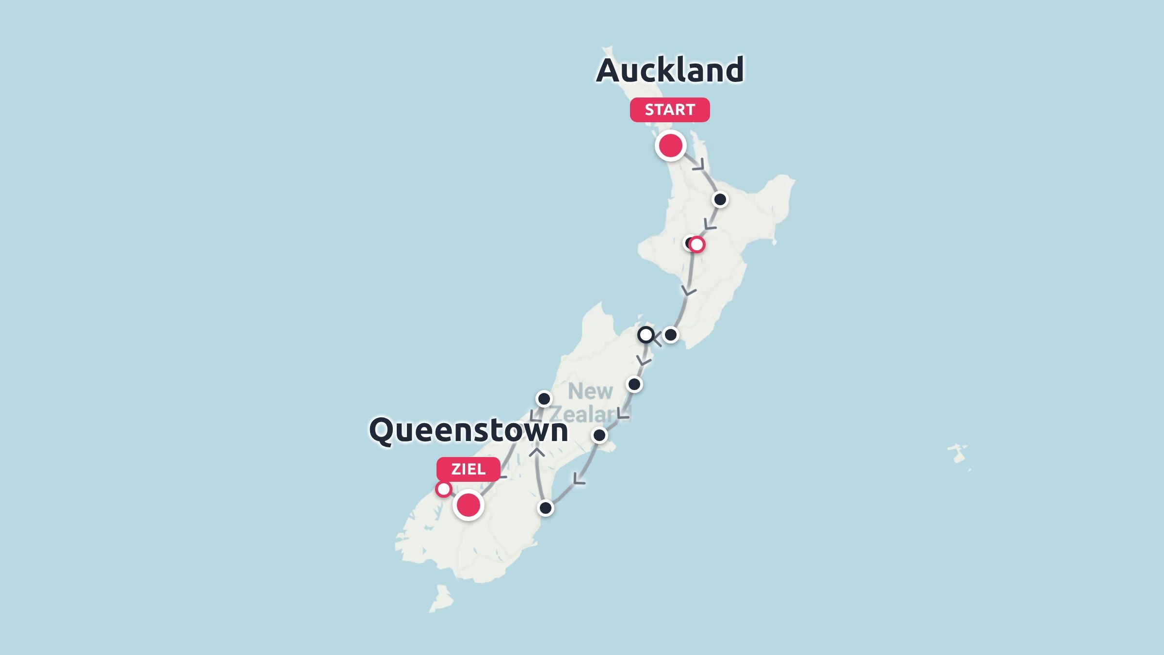 Eine Reiseroute durch Neuseeland, die in Auckland beginnt und in Queenstown endet.