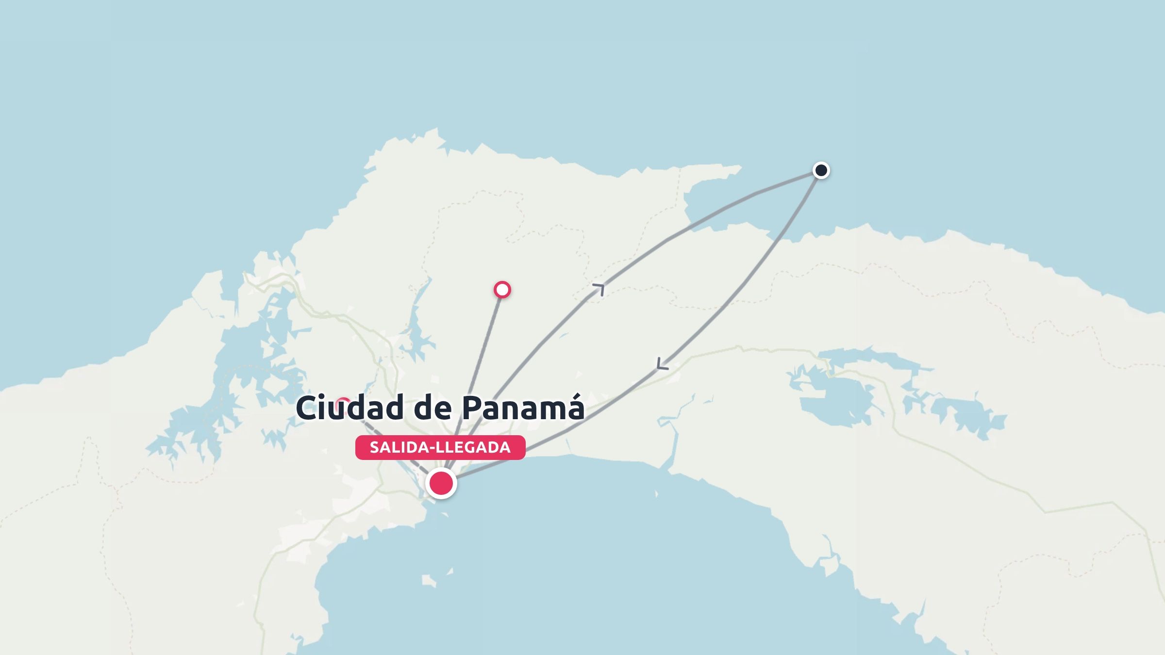 Mapa de ruta de viaje que muestra líneas de conexión que salen y regresan a la Ciudad de Panamá.