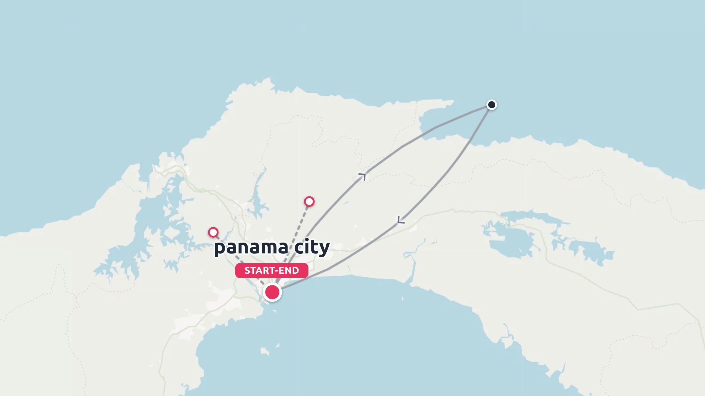 A travel route map outlining an itinerary loop that starts and ends in Panama City.