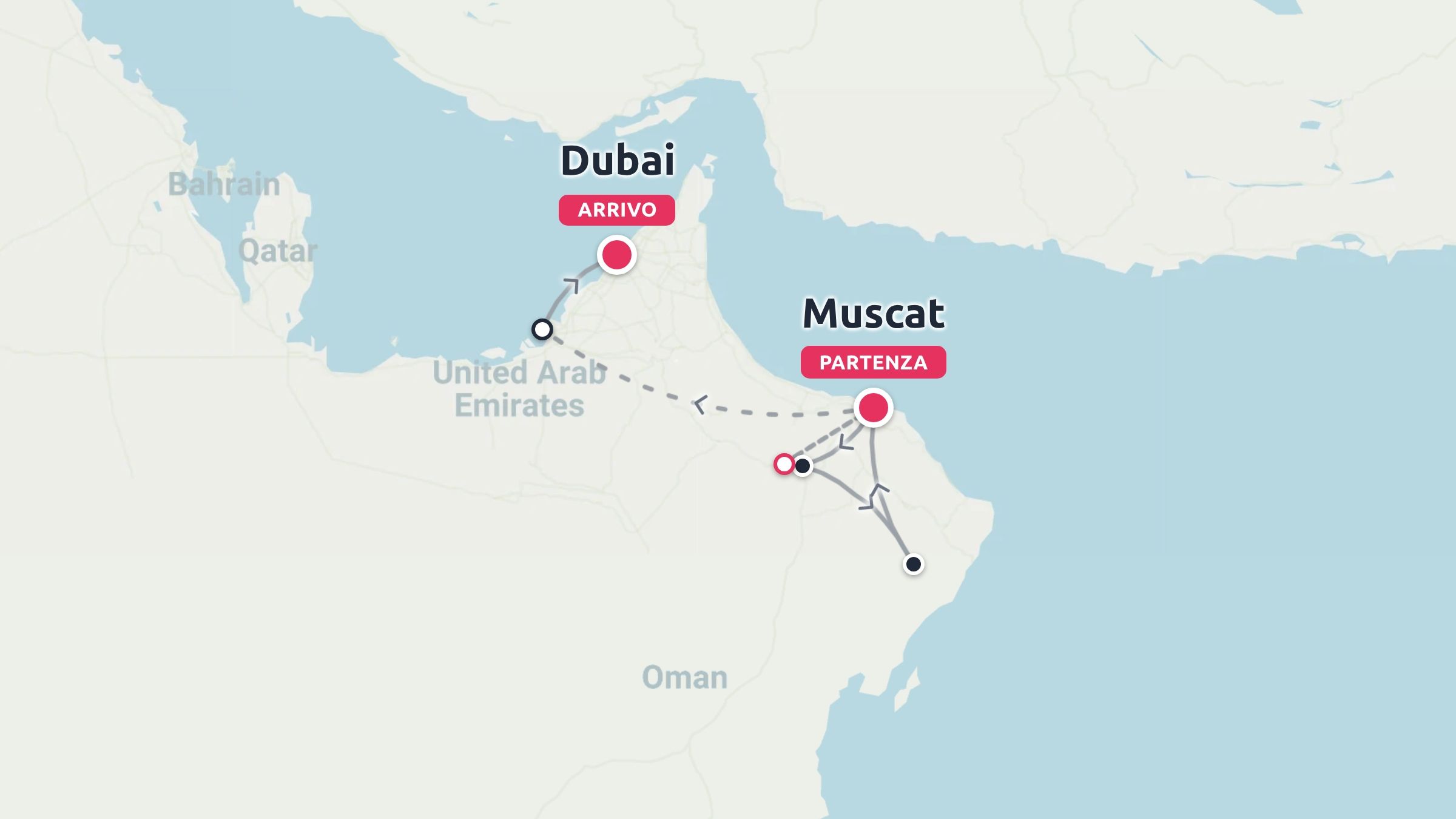 Una mappa dell'itinerario di viaggio con partenza da Mascate, in Oman, e arrivo a Dubai, negli Emirati Arabi Uniti.