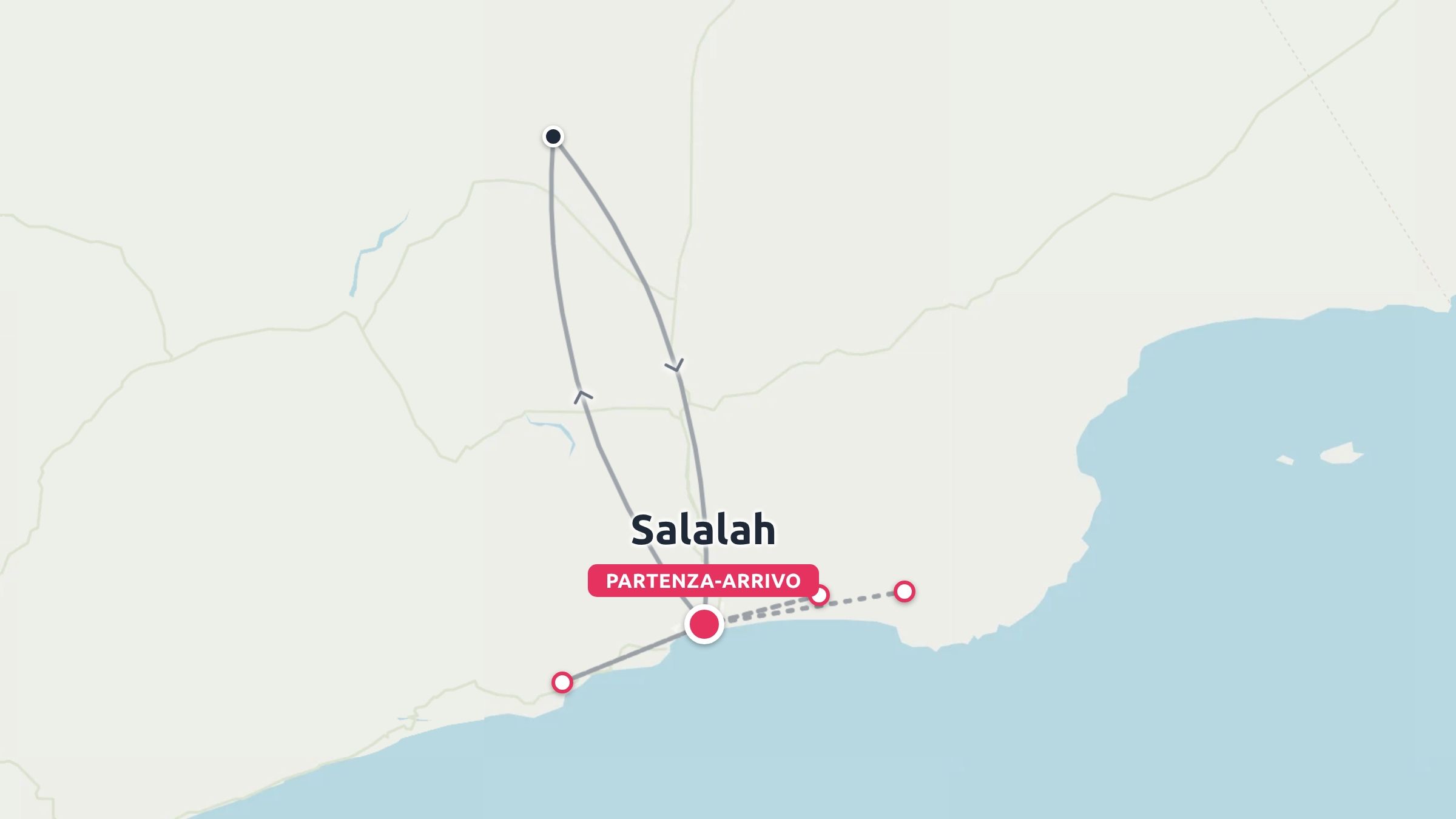 Un itinerario di viaggio con mappa che indica la partenza e l'arrivo a Salalah, con percorsi che si estendono verso nord e lungo la costa.