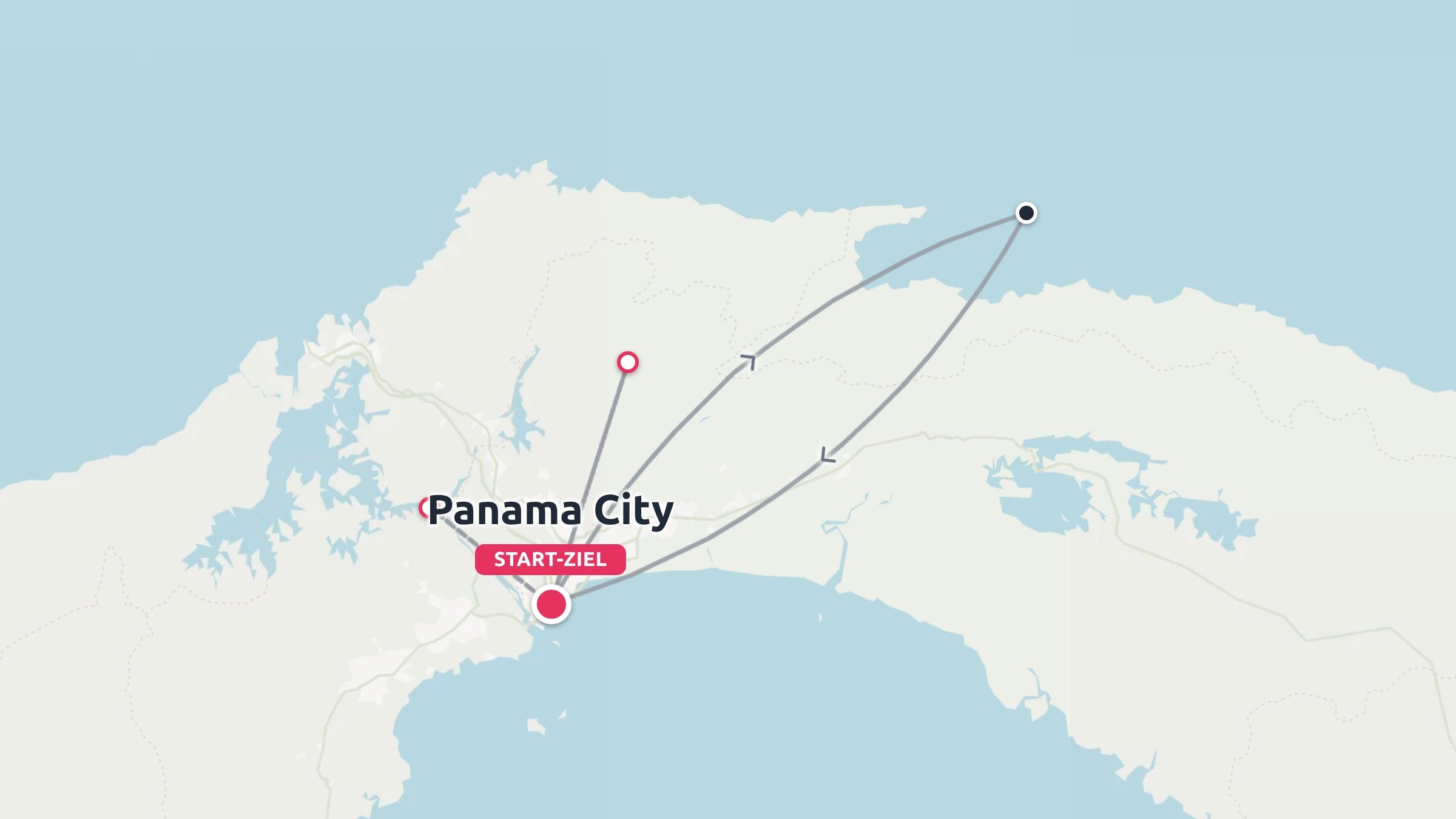 Eine Reisekarte von Panama mit Routen, die in Panama-Stadt beginnen und enden.