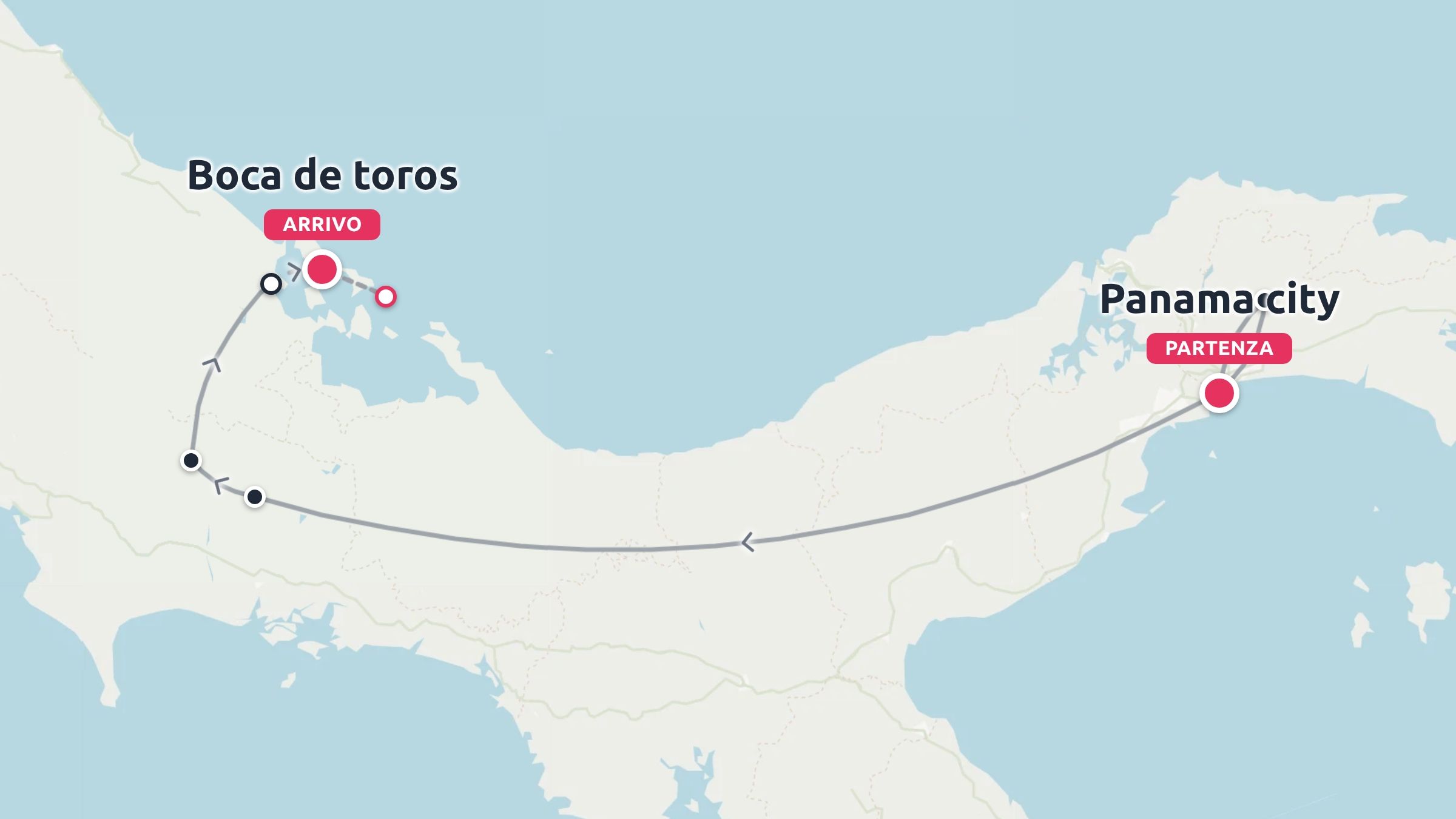 Una mappa dell'itinerario di viaggio che mostra un percorso con partenza da Panama City e arrivo a Bocas del Toro.