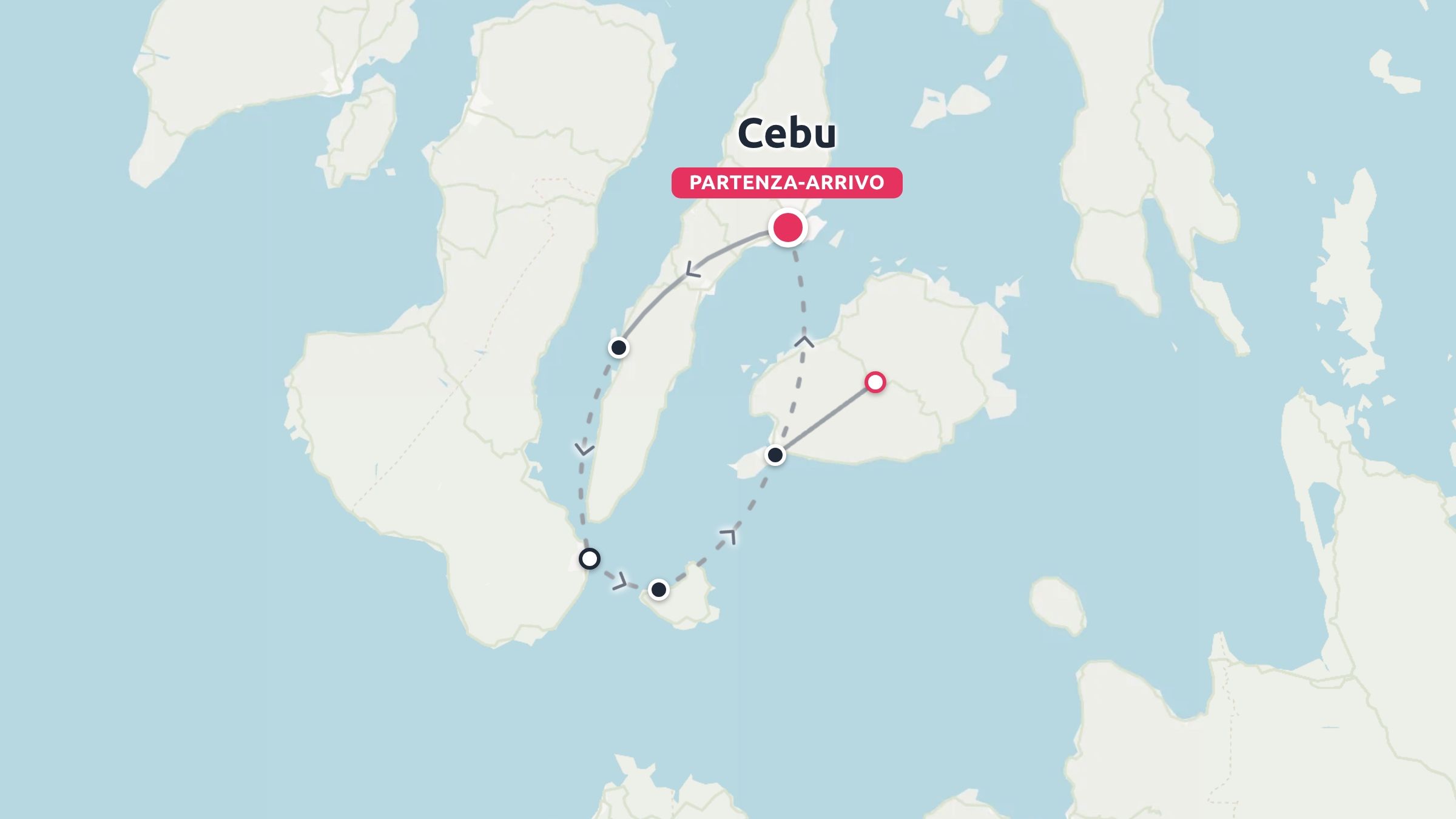 Una mappa di itinerario di viaggio che illustra un percorso ad anello tra le isole con partenza e arrivo a Cebu