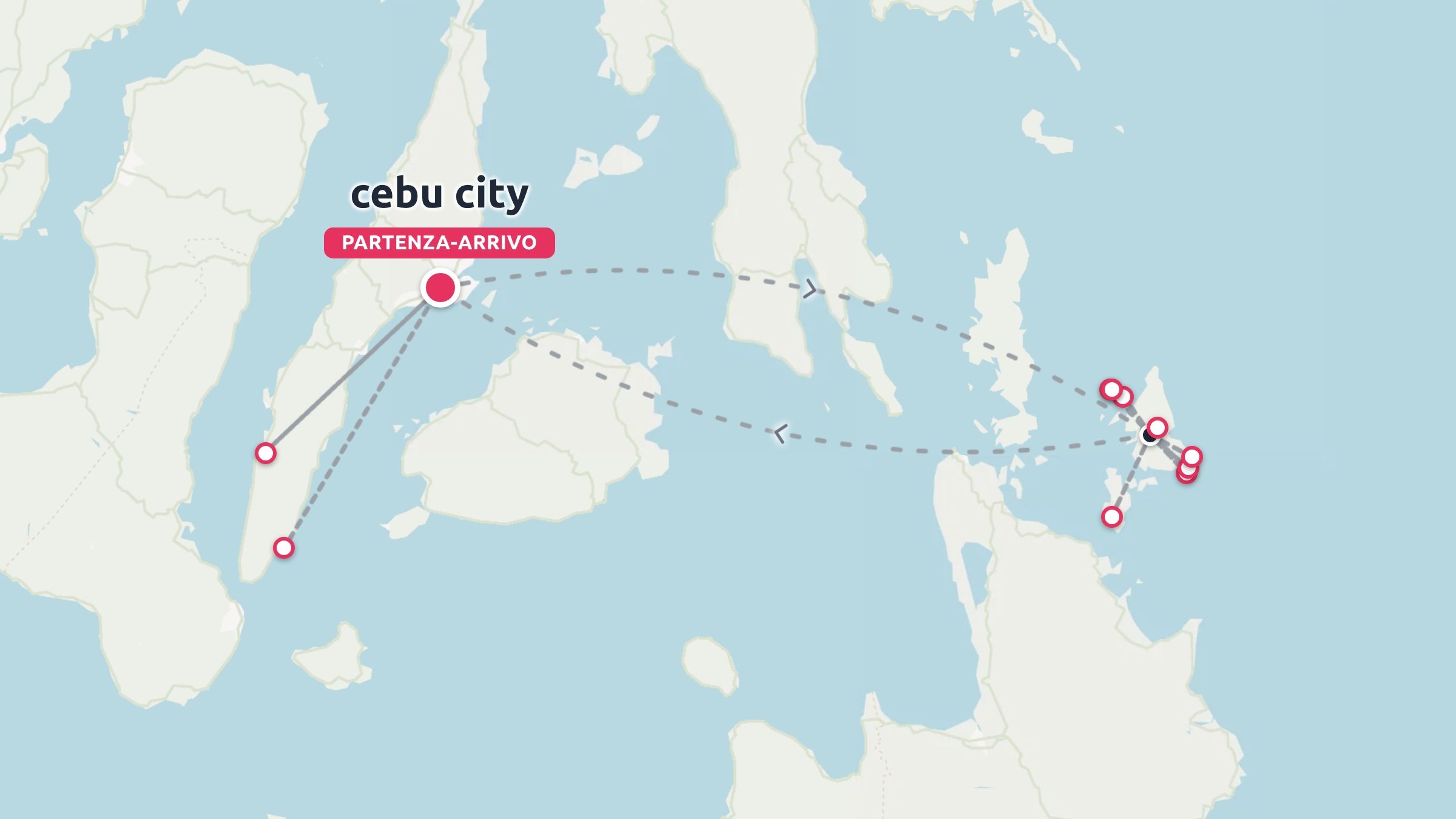 Mappa dell'itinerario di viaggio che mostra i collegamenti dei percorsi con partenza e arrivo a Cebu City attraverso le isole delle Filippine