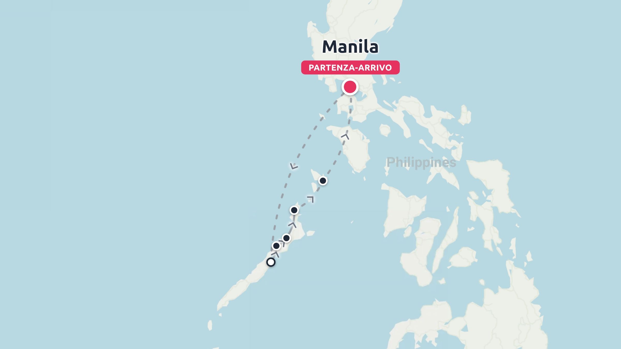 Mappa di viaggio delle Filippine che mostra un itinerario circolare con partenza e arrivo a Manila e passaggio attraverso Palawan