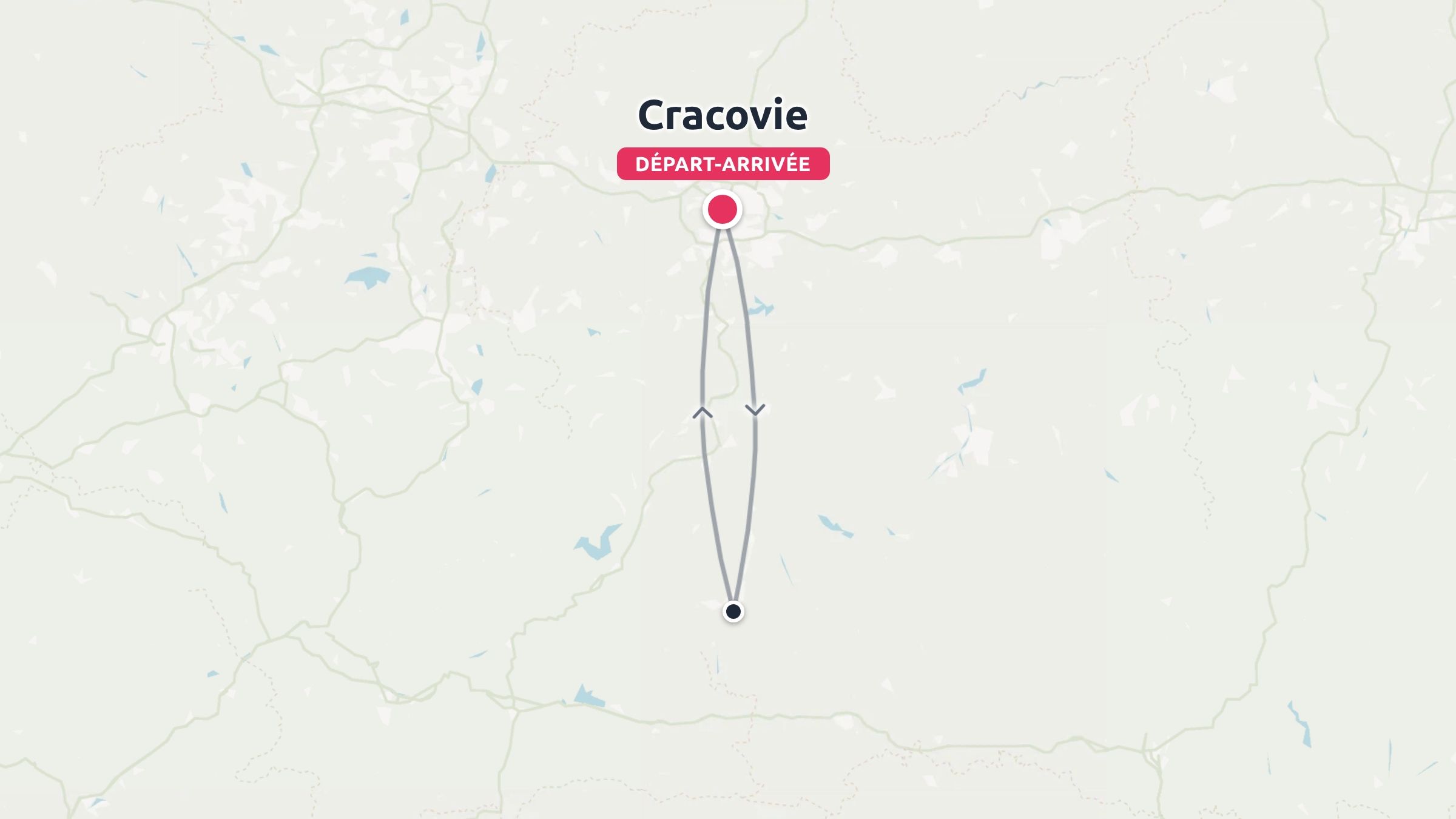 Carte de l'itinéraire de voyage indiquant un trajet aller-retour au départ et à l'arrivée à Cracovie.