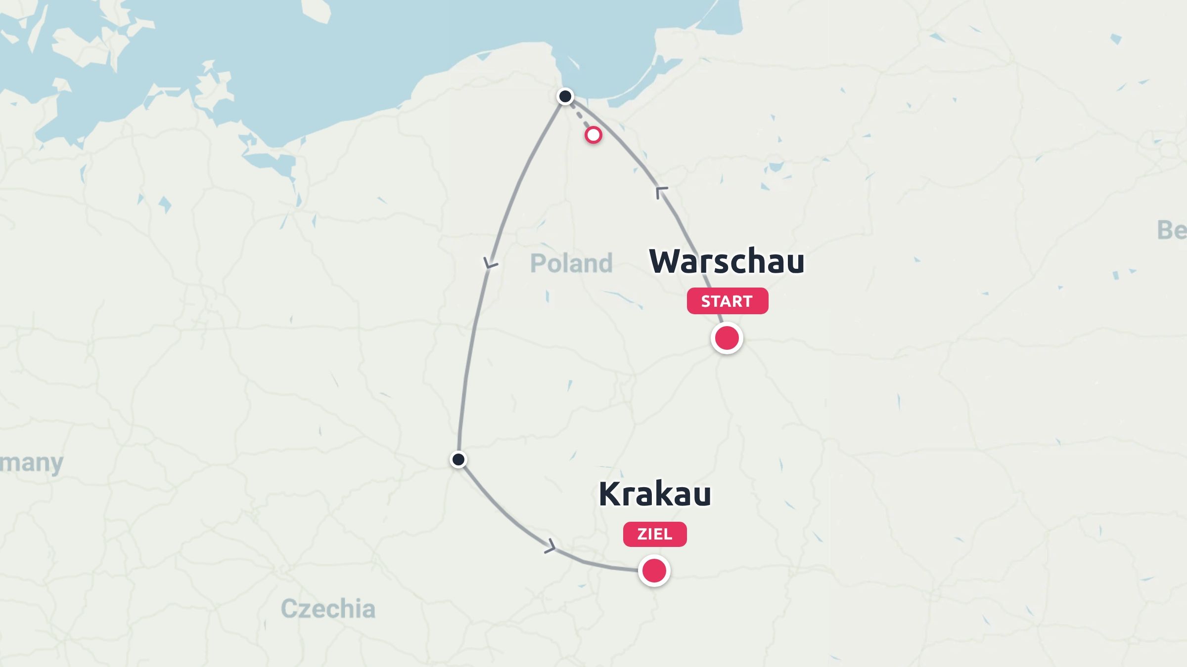 Reiseroute durch Polen beginnend in Warschau, weiter zur Nordküste und endend in Krakau
