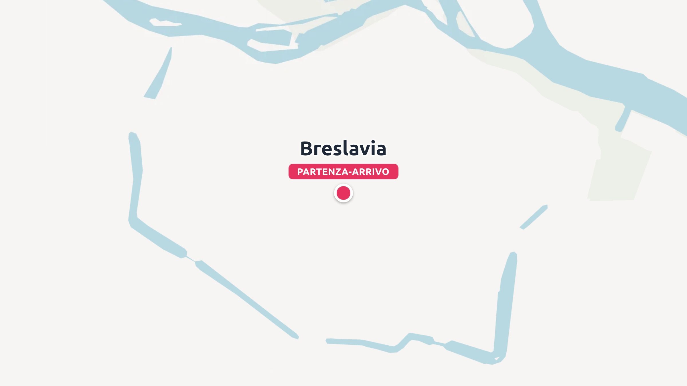 Una mappa minimalista che evidenzia Breslavia con un marcatore rosso di partenza e arrivo circondato da corsi d'acqua.