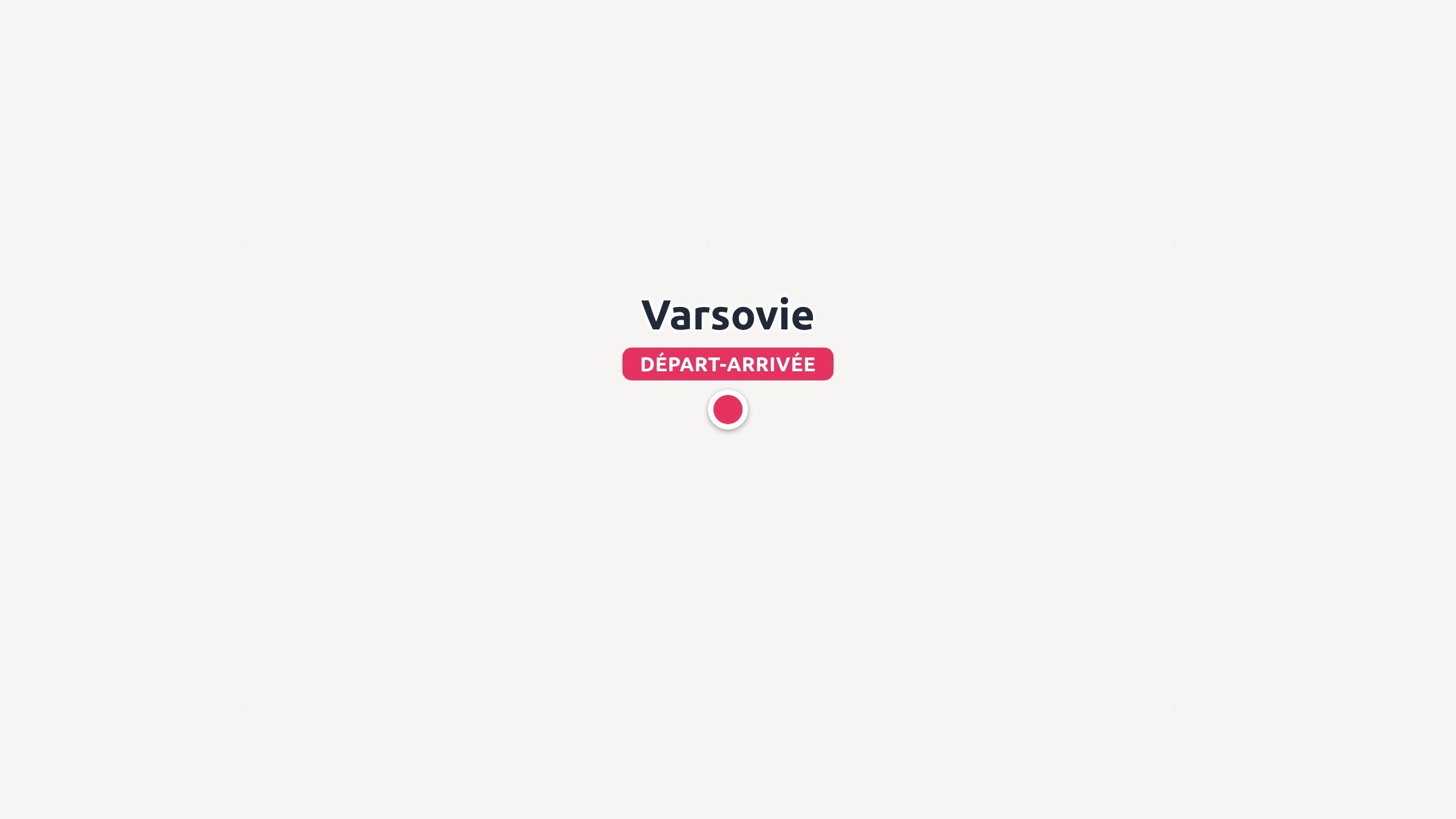 Un graphique d'itinéraire de voyage montrant Varsovie comme point de départ et d'arrivée avec une épingle rouge sur fond blanc.