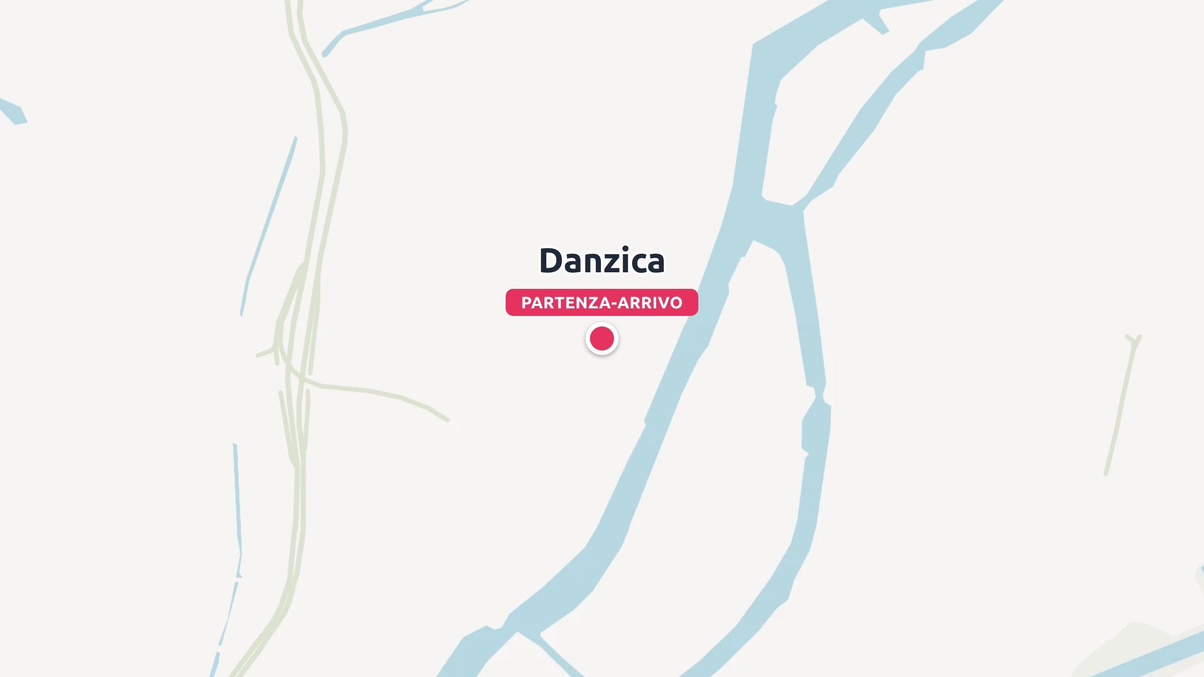 Una mappa di viaggio minimalista che mostra Danzica contrassegnata da un segnaposto rosa di partenza e arrivo.