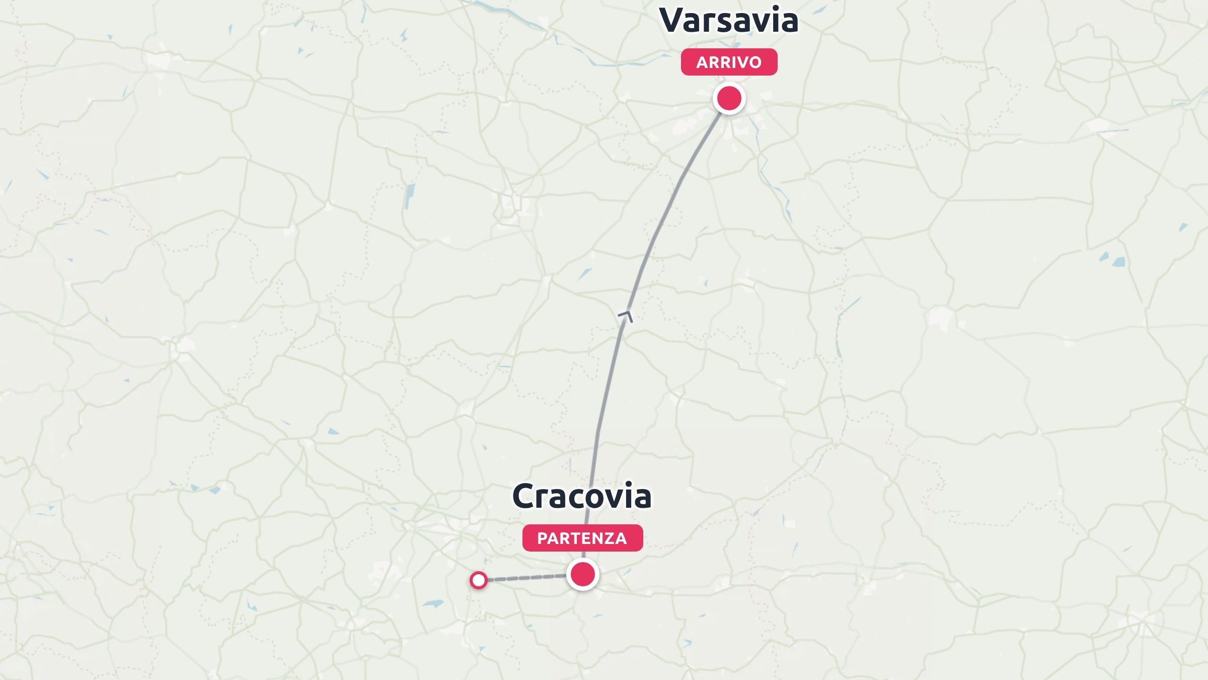 Una mappa di un itinerario di viaggio che mostra un percorso che inizia a Cracovia e termina a Varsavia con indicatori rossi a spillo.