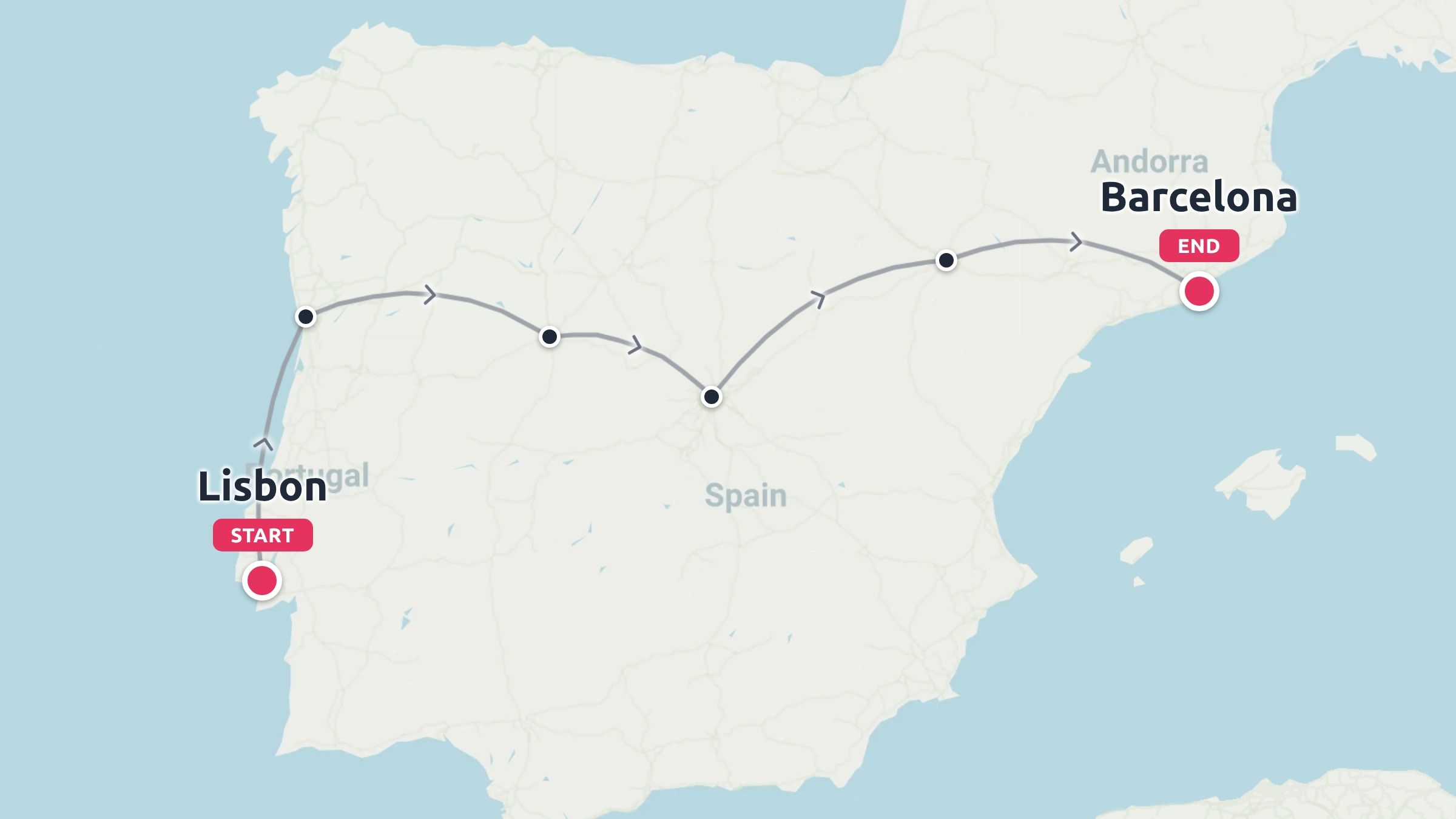 A travel route map across Spain and Portugal, starting at Lisbon and ending in Barcelona.