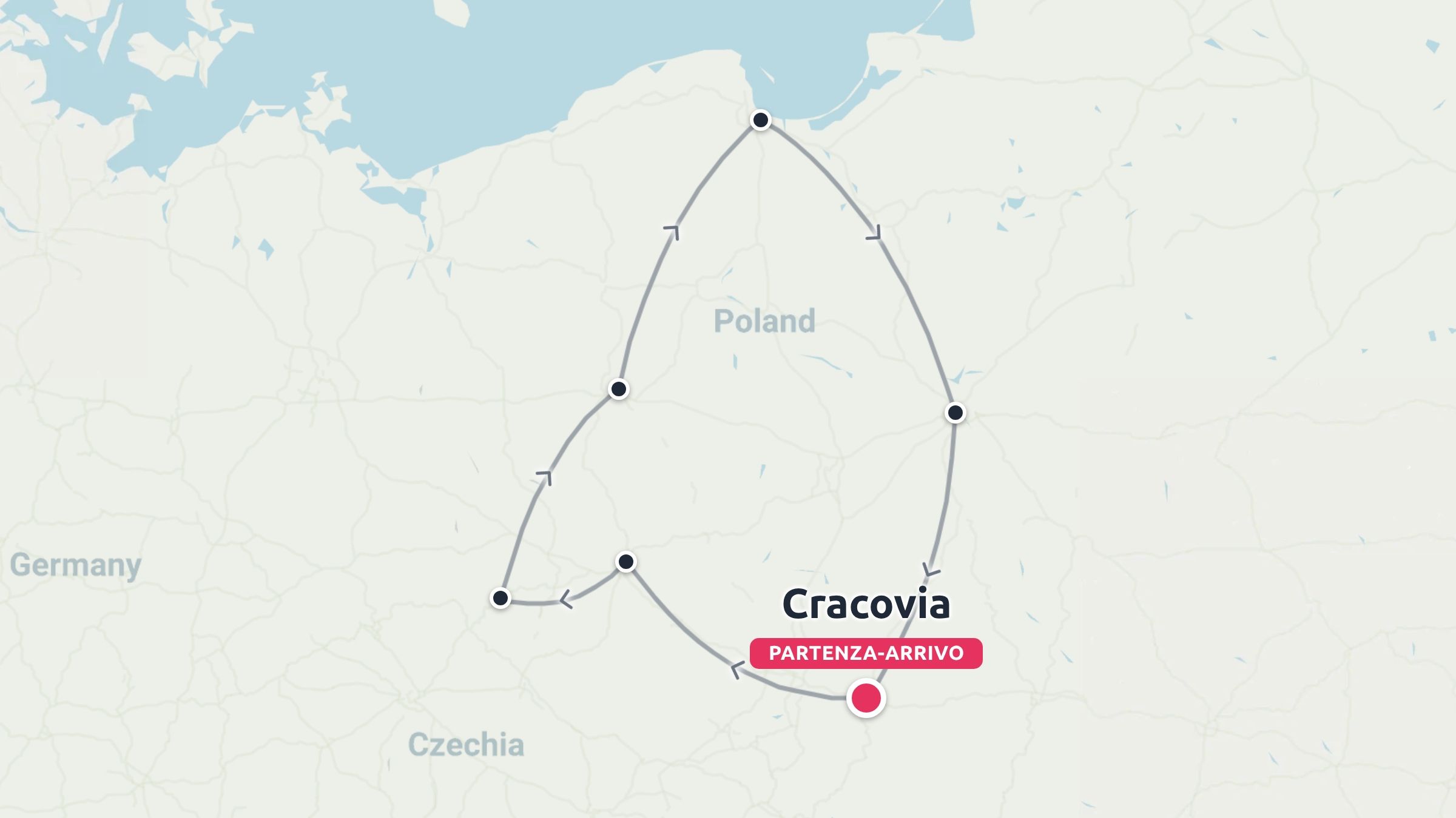 Mappa dell'itinerario di viaggio attraverso la Polonia con partenza e arrivo a Cracovia, che mostra le tappe segnalate lungo un percorso circolare.