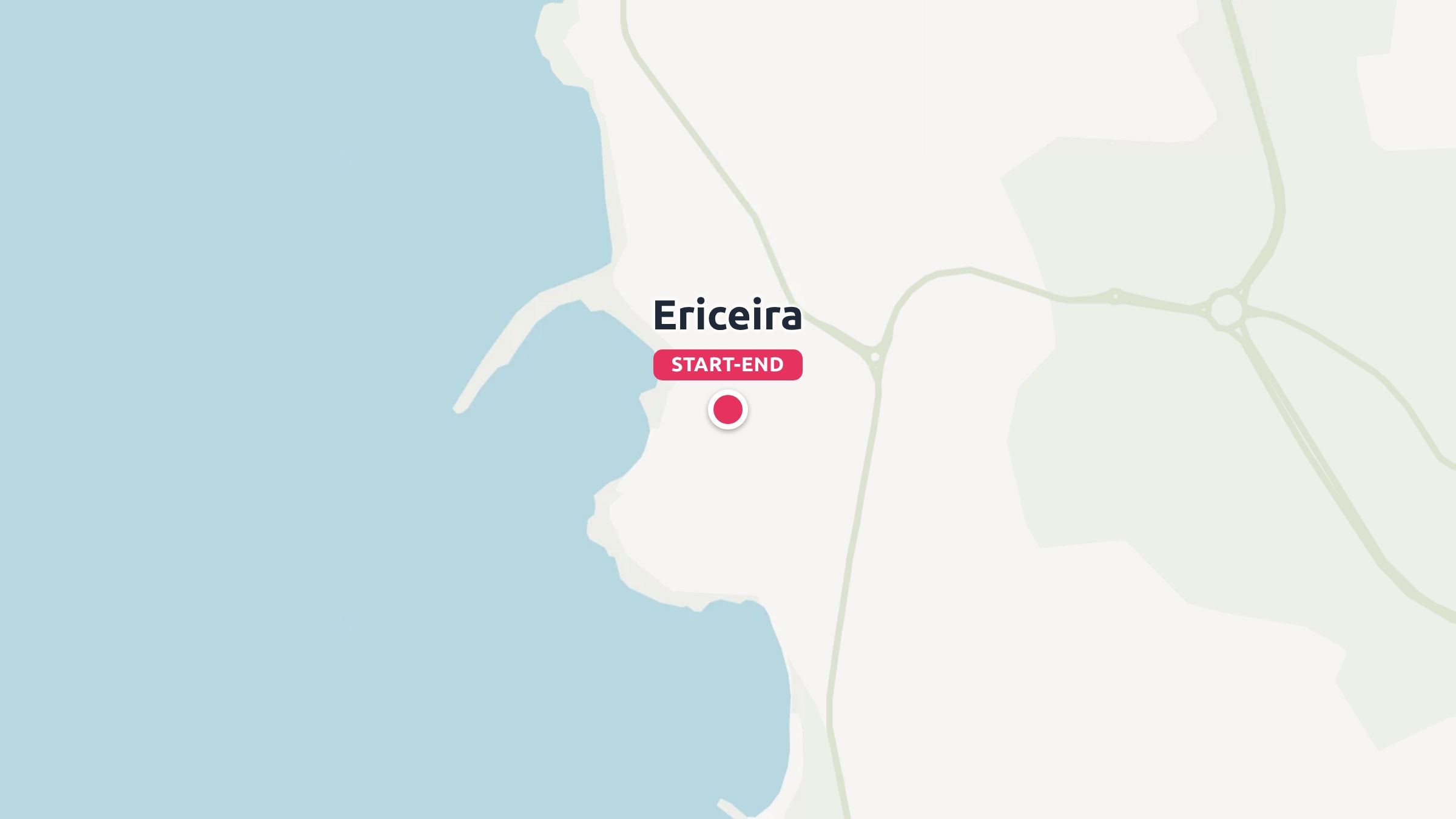A travel map showing the coastline with a red marker indicating the start and end location at Ericeira.