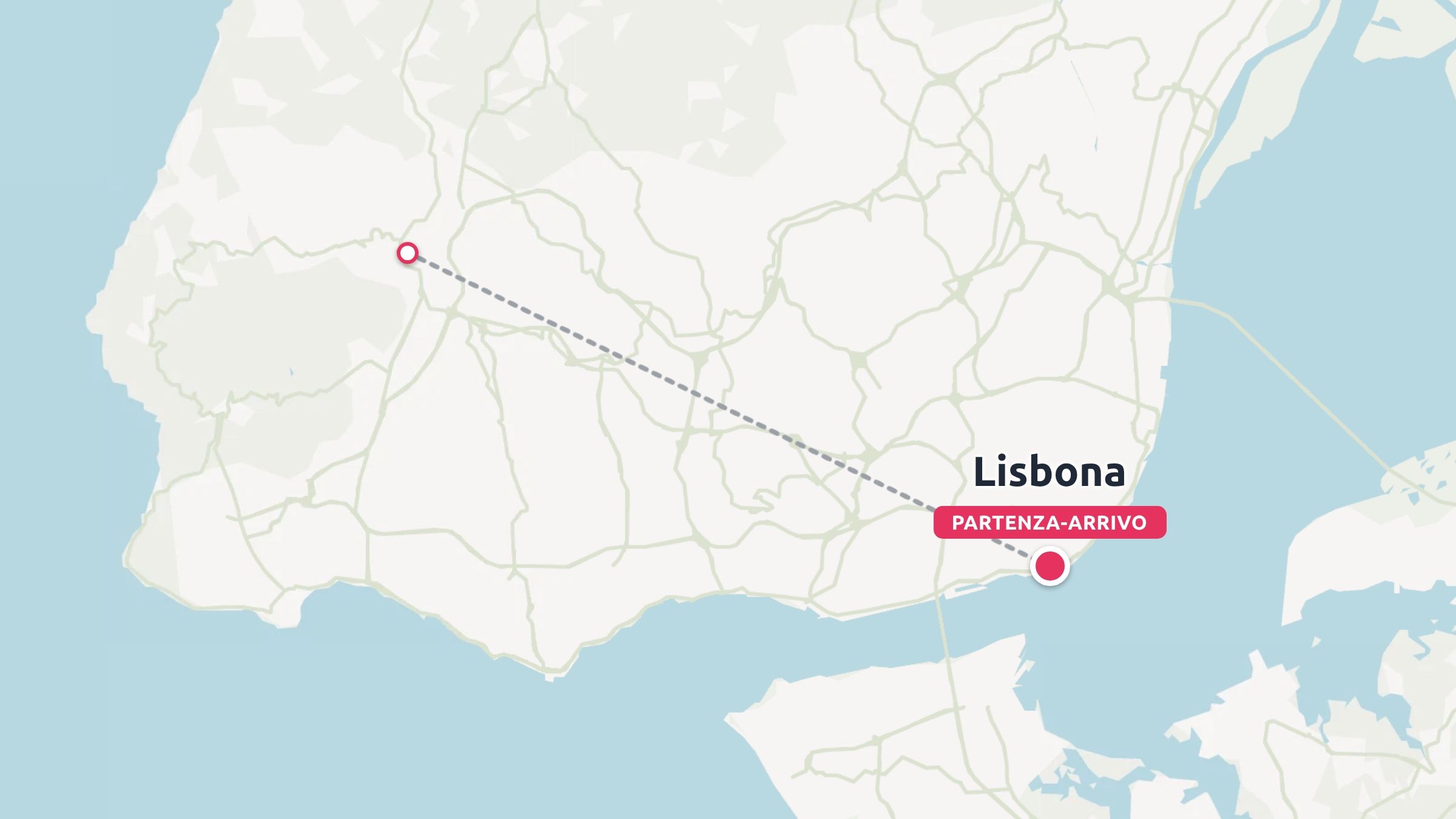 Una mappa di un percorso di viaggio che mostra un itinerario collegato da una linea tratteggiata a Lisbona.