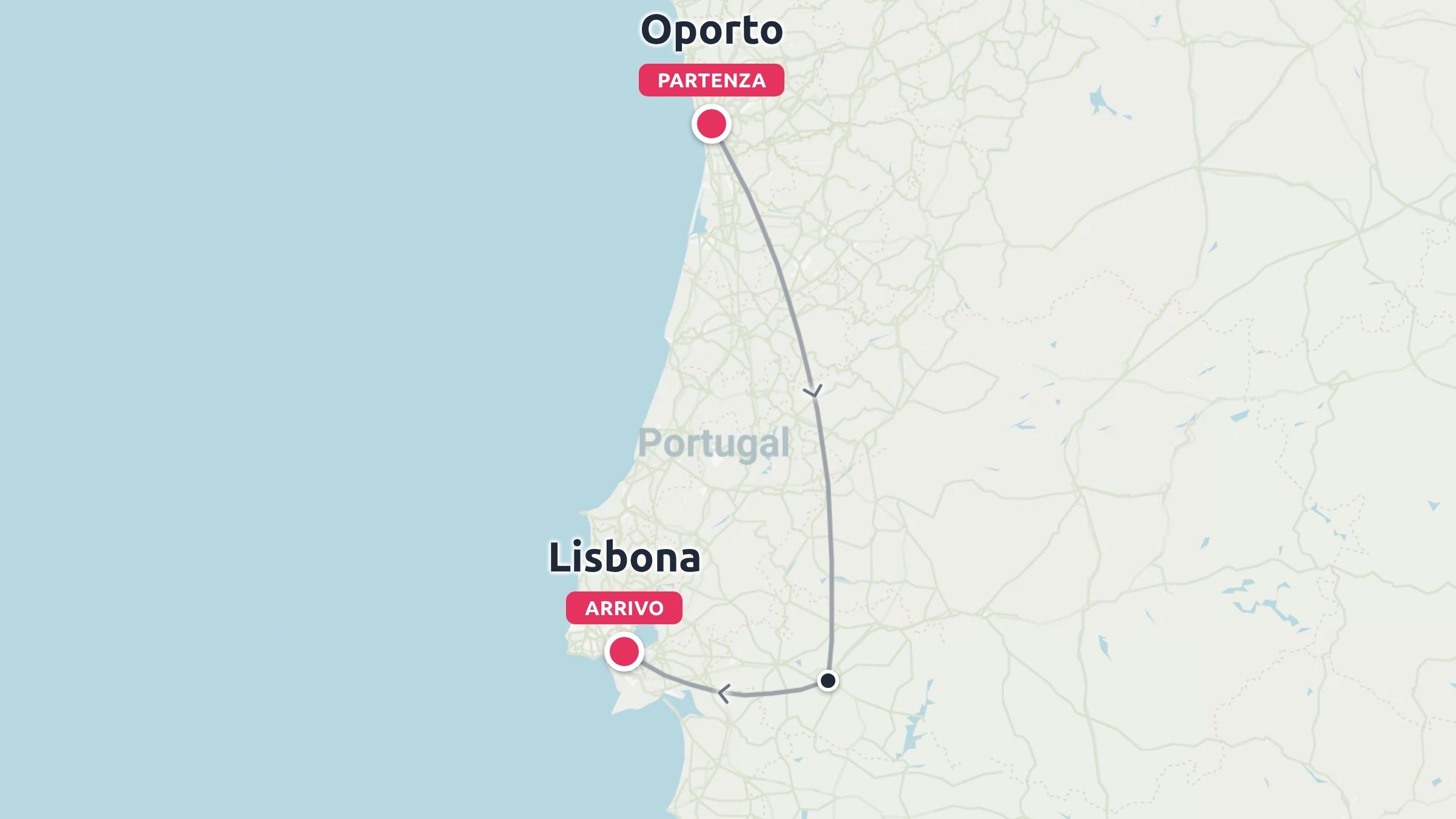 Mappa dell'itinerario di viaggio del Portogallo che mostra un percorso con partenza da Porto e arrivo a Lisbona