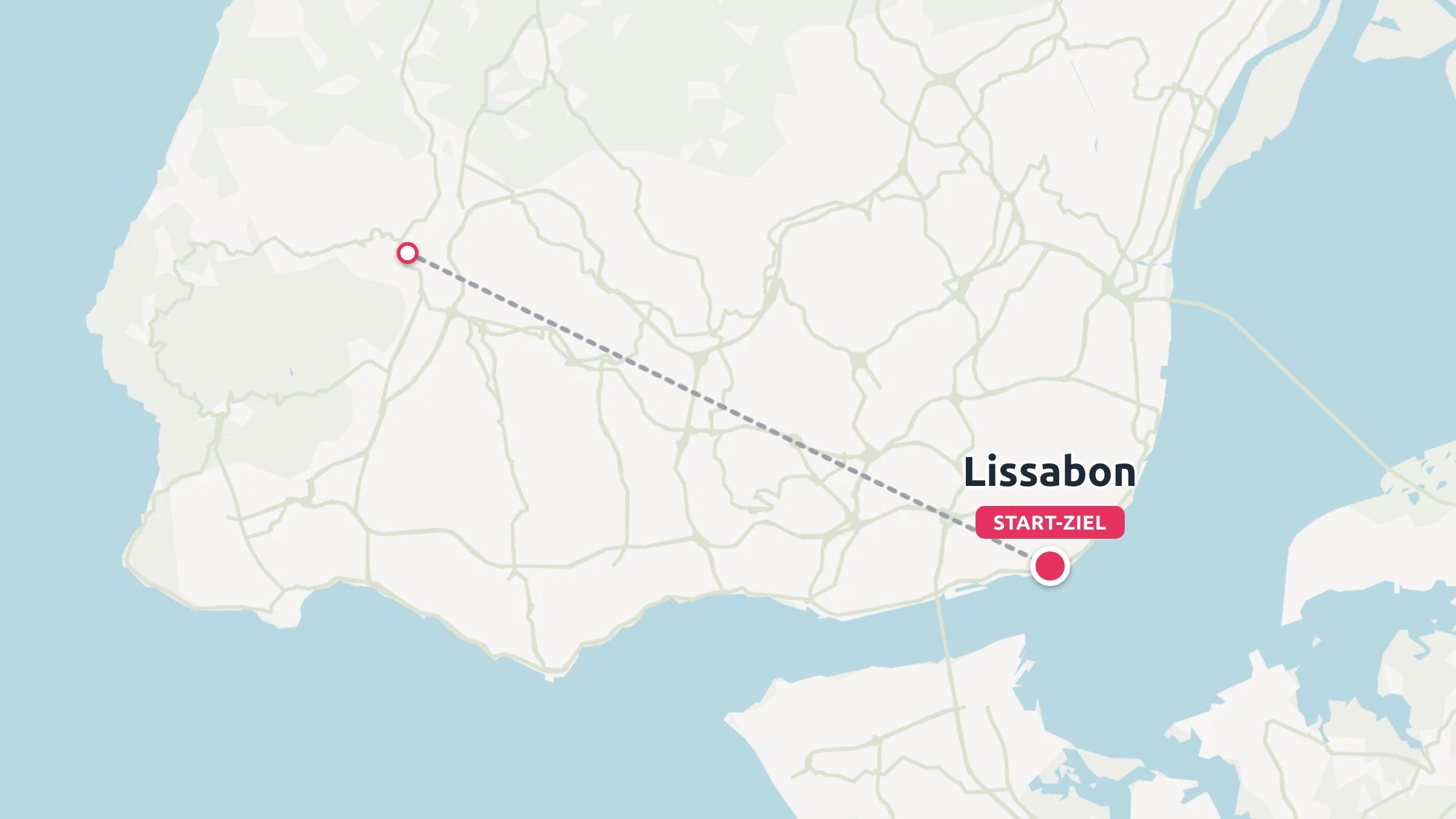 Eine Reiseroute mit einer gestrichelten Linie, die einen Ort im Landesinneren mit Lissabon verbindet, markiert als Start-Ziel.