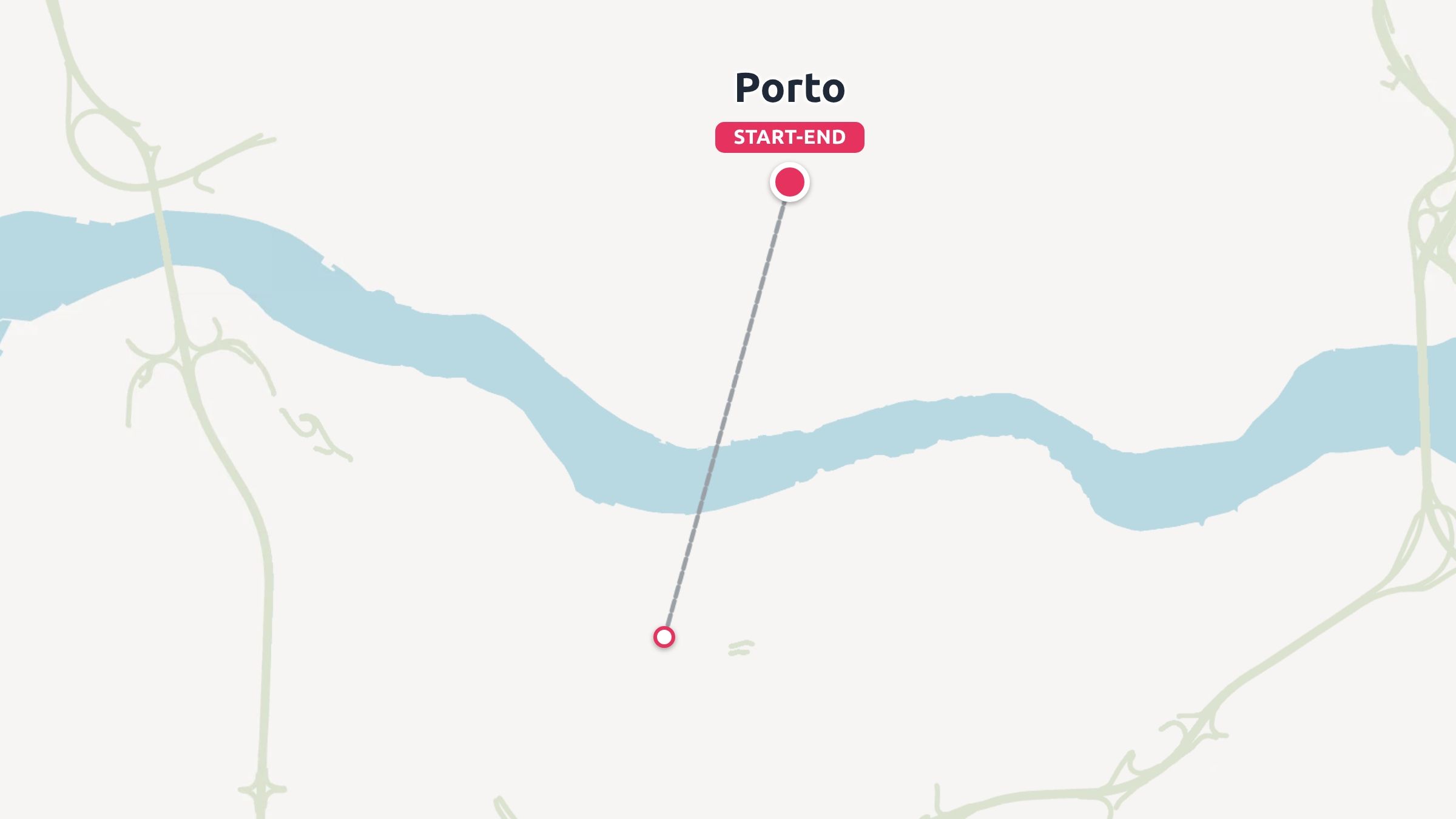 A travel route map displaying a route across a river starting and ending in Porto.