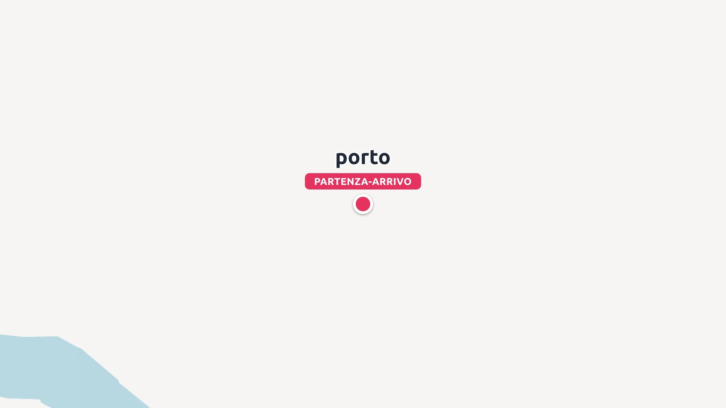 Una grafica di mappa di viaggio minimalista che evidenzia Porto etichettata con un puntatore di partenza e arrivo rosso.